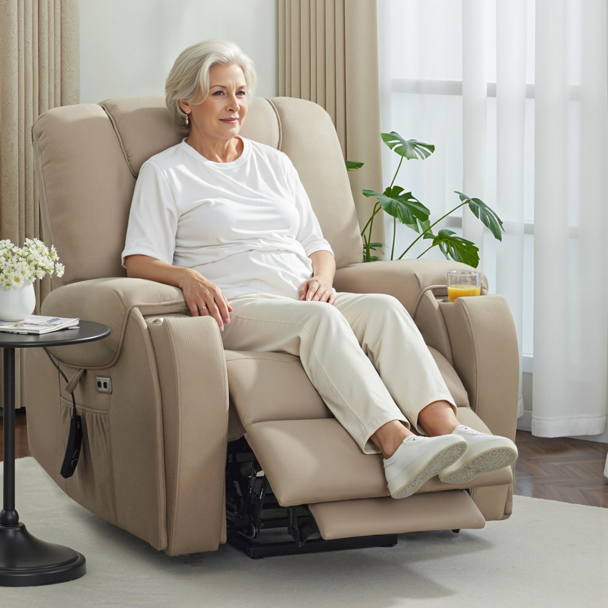 M MCombo fauteuil met opstaahulp elektrisch, met massage en verwarming, relaxfauteuil met ligfunctie tot 145° 35D volschuim zitkussen verborgen bekerhouders 7252