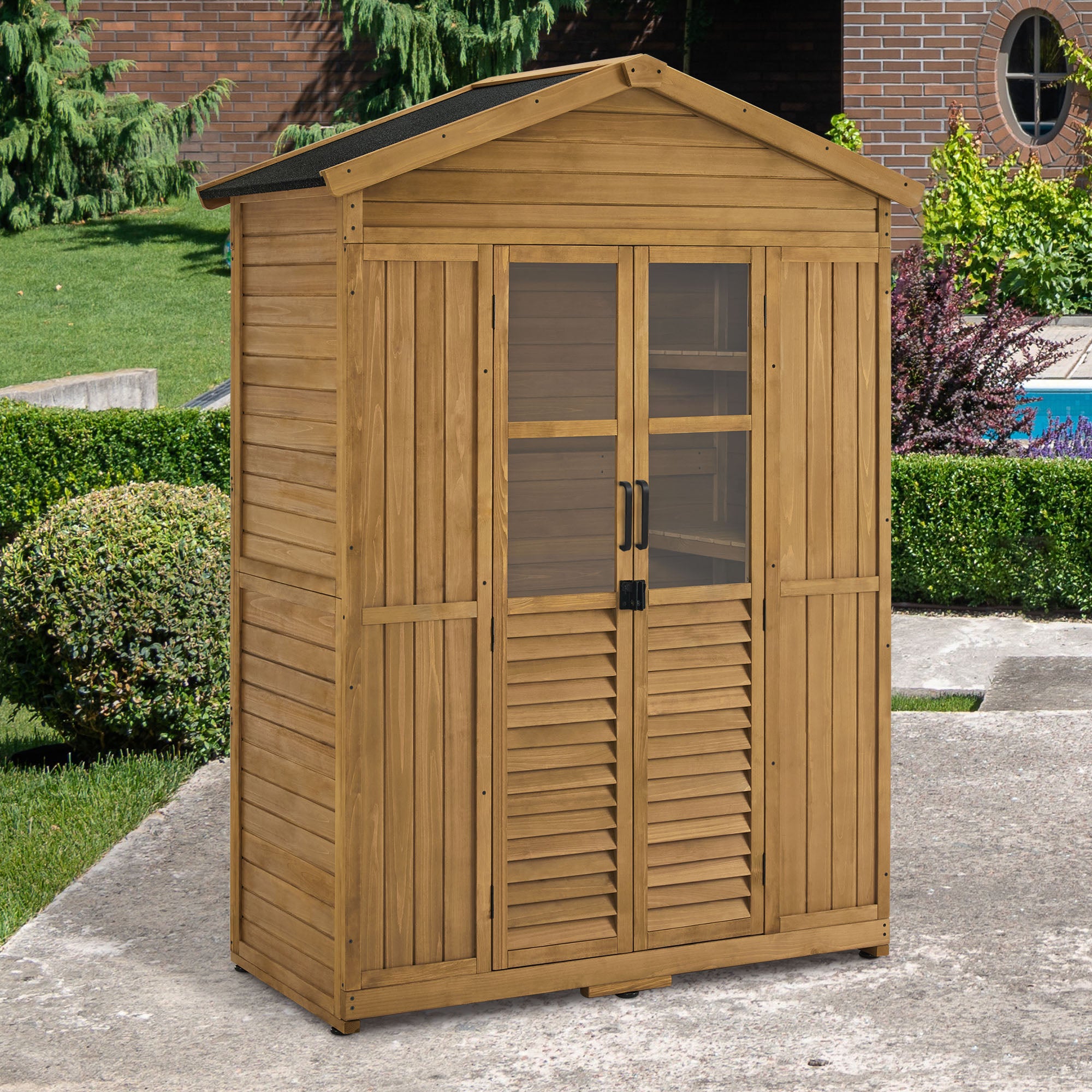 M MCombo Tuinkast Tuinhuis Hout Weerbestendig, Gereedschapskast Houten Kast Buiten Waterdicht Loopbaar, voor Buiten Balkon Terras, Gereedschapshuis met 6 vaste Planken 74×143×200 cm, 1743 (Natuur)