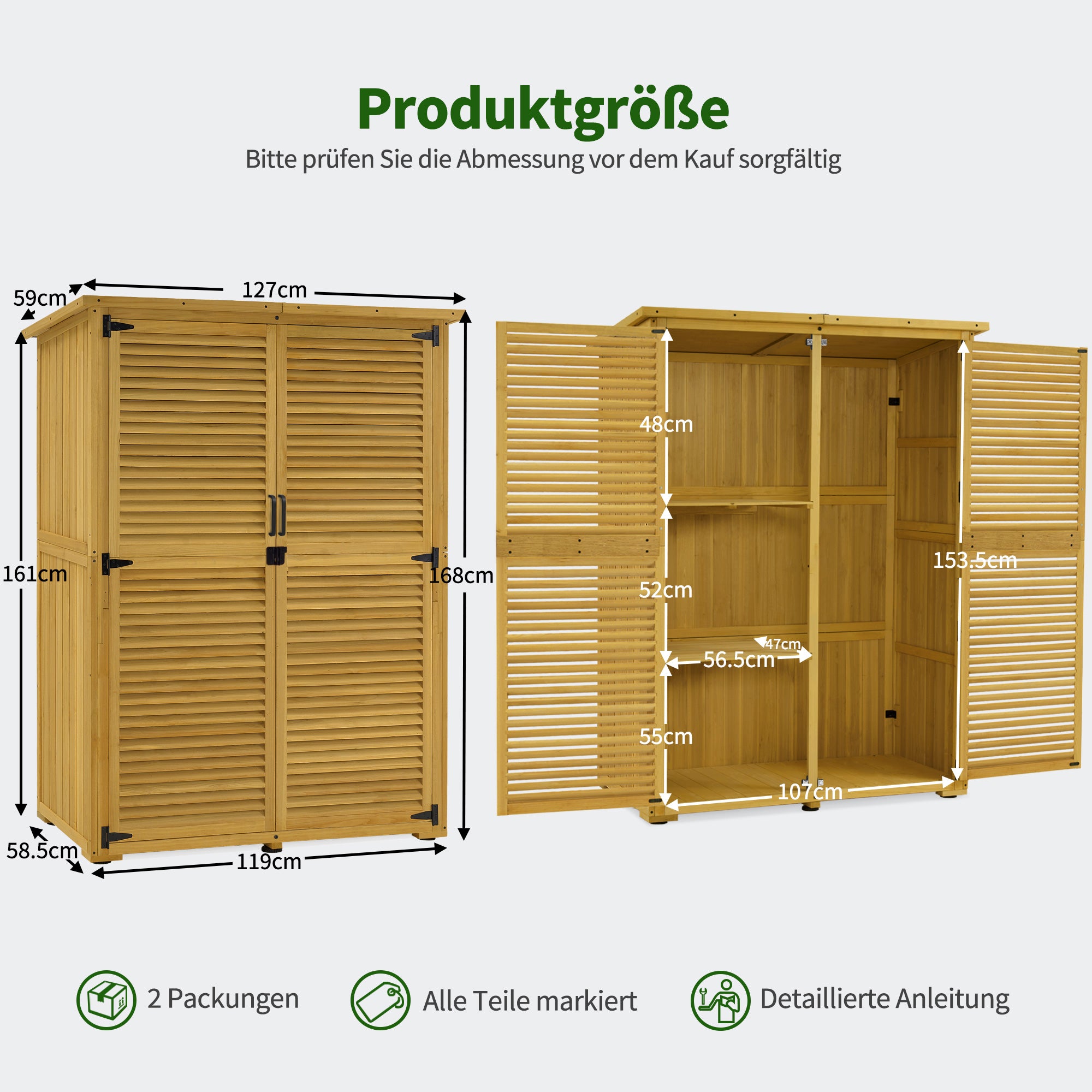 Armoire de jardin en bois M MCombo, petite maison de jardin résistante aux intempéries, abri de jardin extérieur, pour usage extérieur, balcon ou terrasse, 59×127×168 cm, 0901D-F