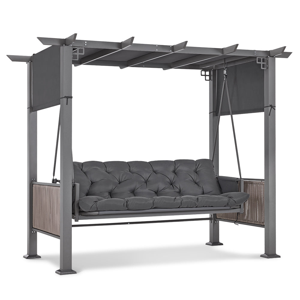 M MCombo 3-zits Pergola Hollywoodschommel met ligfunctie & tuinpaviljoen, tuinschommel met uitschuifbaar zonnescherm, 8CM extra dik zitkussen & stille haken, schommelbank 4067 (grijs)