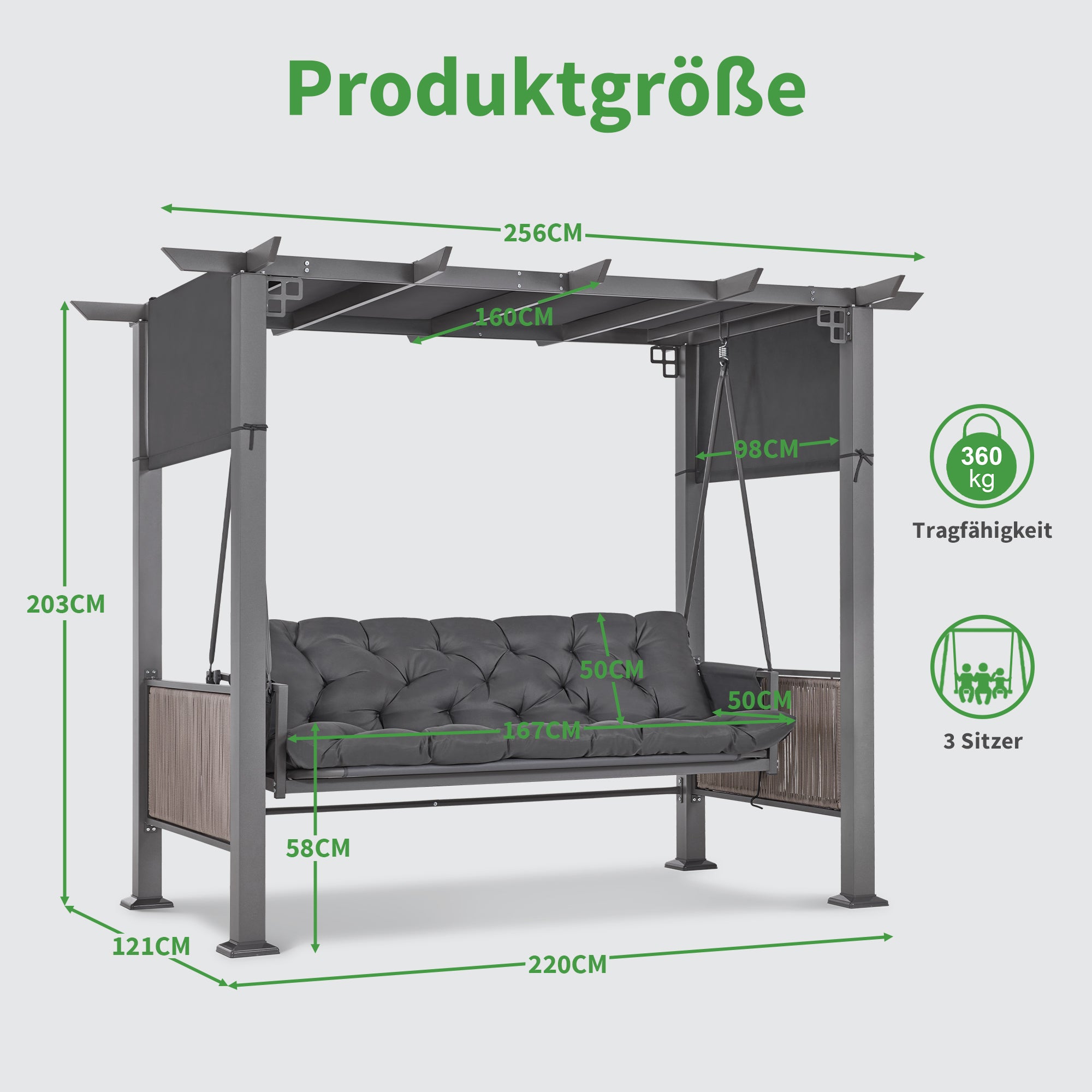 M MCombo 3-zits Pergola Hollywoodschommel met ligfunctie & tuinpaviljoen, tuinschommel met uitschuifbaar zonnescherm, 8CM extra dik zitkussen & stille haken, schommelbank 4067 (grijs)