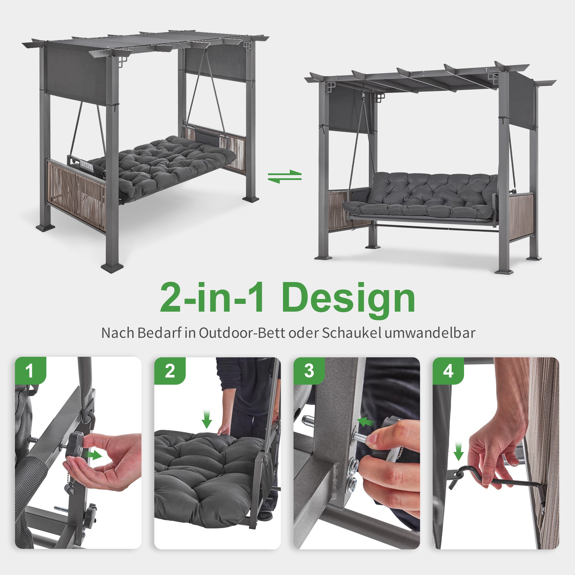 M MCombo 3-zits Pergola Hollywoodschommel met ligfunctie & tuinpaviljoen, tuinschommel met uitschuifbaar zonnescherm, 8CM extra dik zitkussen & stille haken, schommelbank 4067 (grijs)
