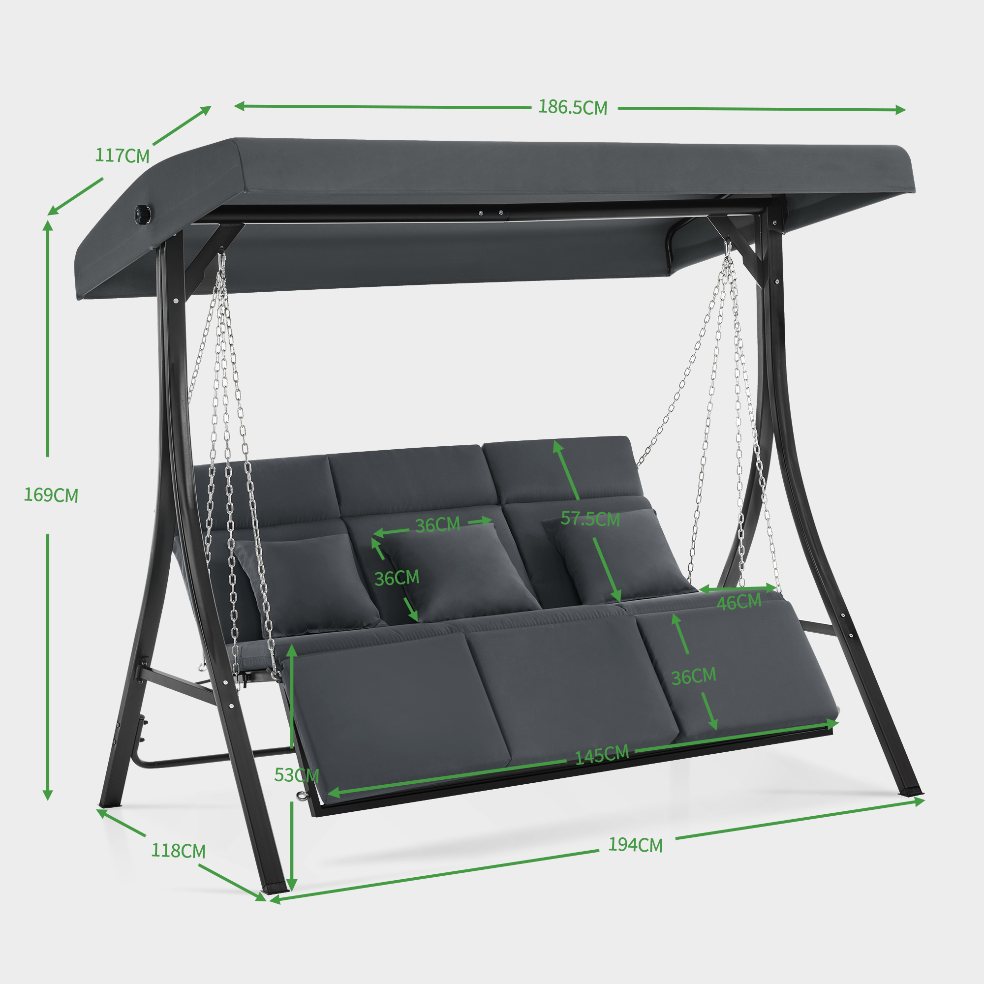 M MCombo Hollywoodschaukel met ligfunctie, tuinschommel 3-zitter weerbestendig, outdoor schommelbank met metalen kettingen, verstelbaar dak, 123*194*169 cm, 8018 (Donkergrijs)