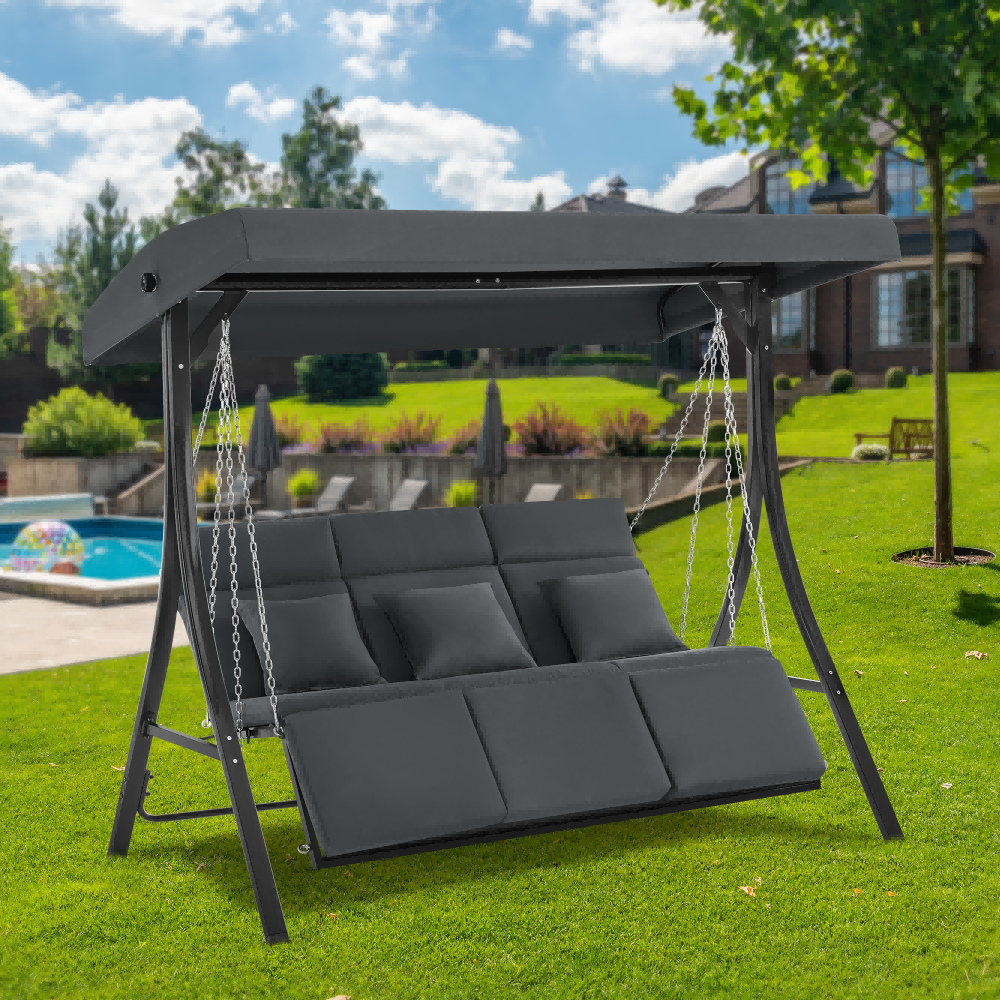 M MCombo Hollywoodschaukel met ligfunctie, tuinschommel 3-zitter weerbestendig, outdoor schommelbank met metalen kettingen, verstelbaar dak, 123*194*169 cm, 8018 (Donkergrijs)