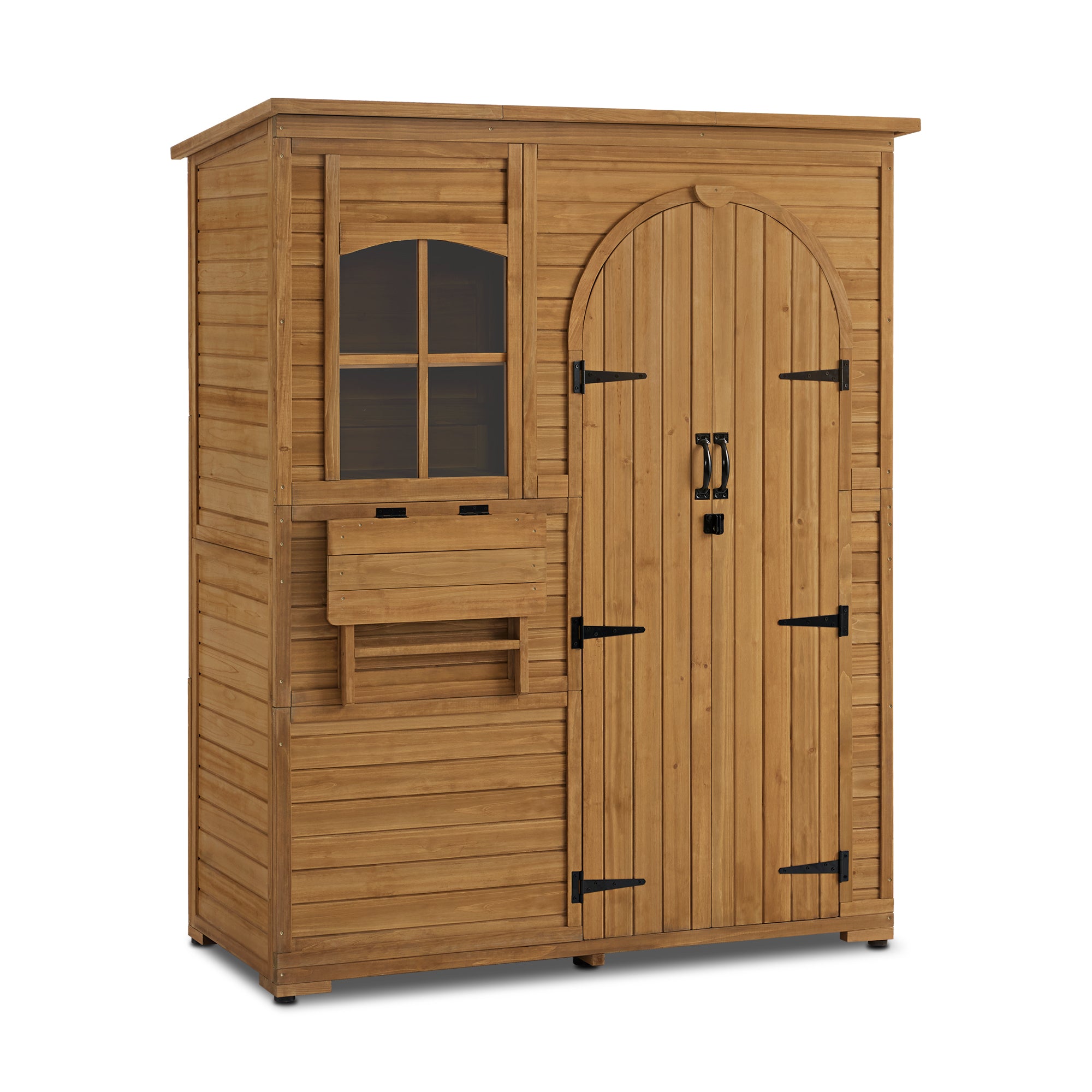 MCombo Casetta da giardino/Ripostiglio per attrezzi, in legno, resistente alle intemperie, impermeabile, ideale per esterni, con accesso da balcone/patio, armadio contenitore con 3 ripiani, 73×144×185 cm, 0926D (Naturale)