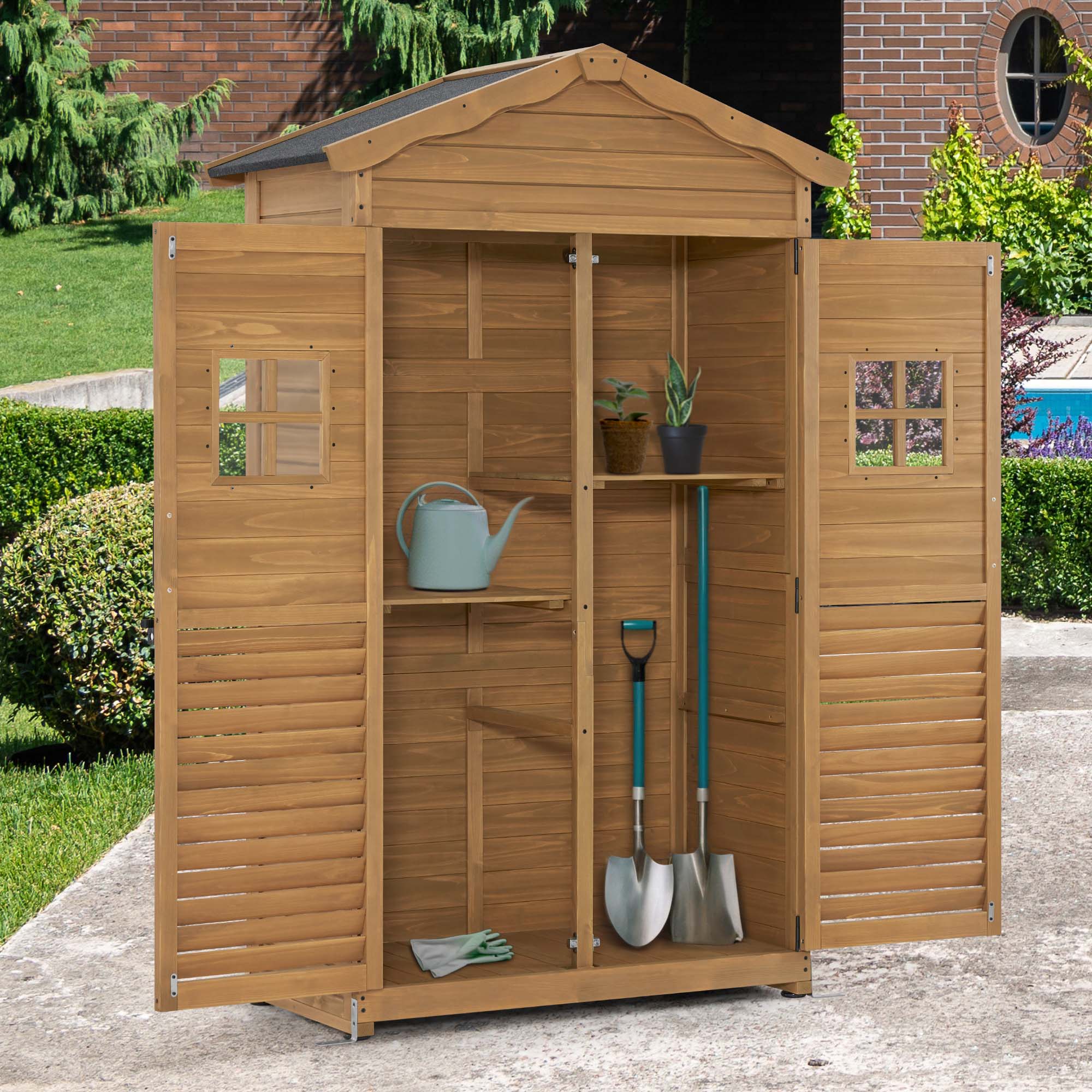 MCombo Casetta da giardino in legno, resistente alle intemperie, per attrezzi, ripostiglio esterno, per giardino e patio, con 2 ripiani mobili, 57×109×180 cm, 1152 (Naturale)