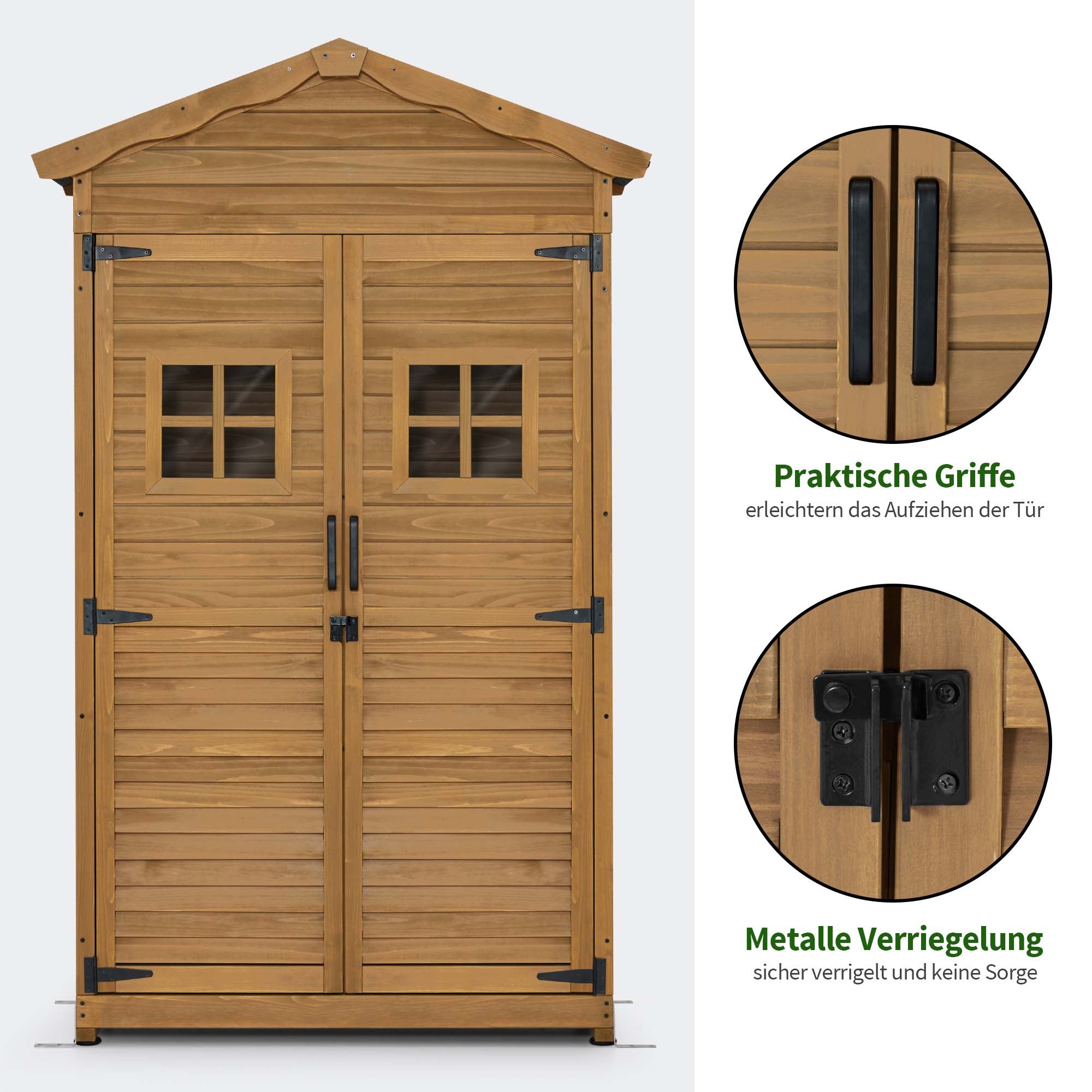 MCombo Casetta da giardino in legno, resistente alle intemperie, per attrezzi, ripostiglio esterno, per giardino e patio, con 2 ripiani mobili, 57×109×180 cm, 1152 (Naturale)