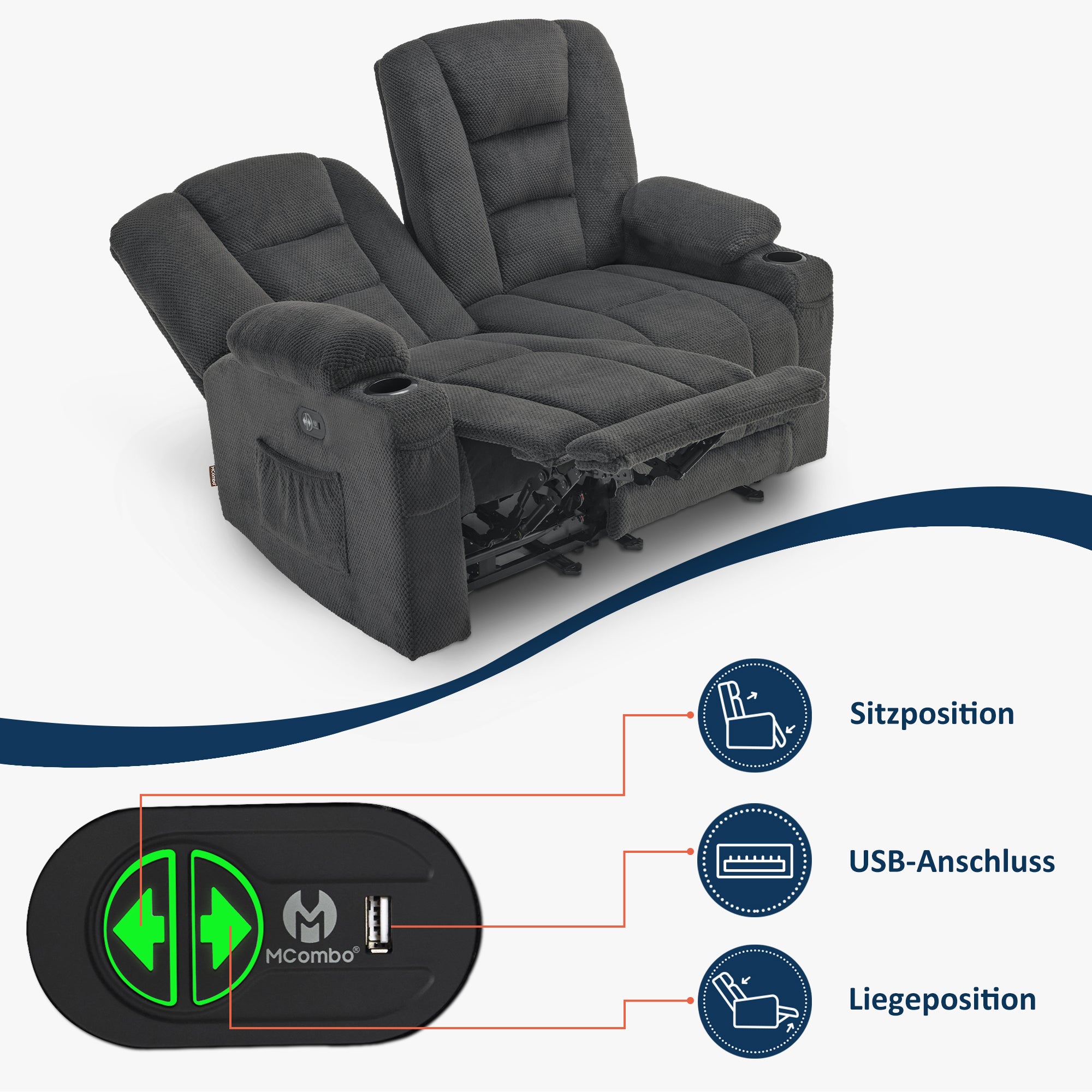 MCombo Divano elettrico con funzione letto, divano reclinabile a 2 o 3 posti (inclinazione fino a 150° regolabile tramite pulsante), divano stile cinema con funzione relax, USB e portabicchieri, modello 7009 (grigio)