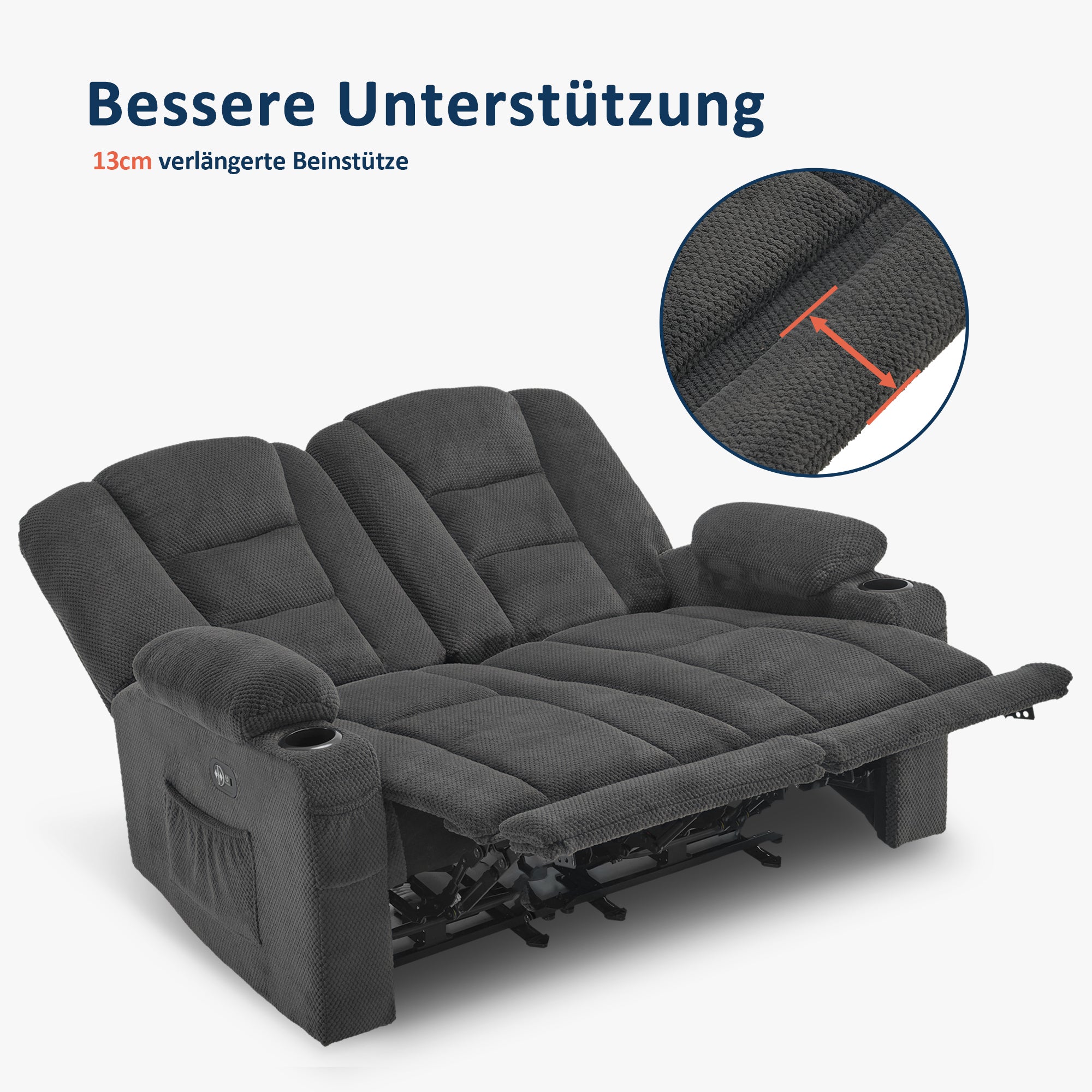 MCombo Divano elettrico con funzione letto, divano reclinabile a 2 o 3 posti (inclinazione fino a 150° regolabile tramite pulsante), divano stile cinema con funzione relax, USB e portabicchieri, modello 7009 (grigio)