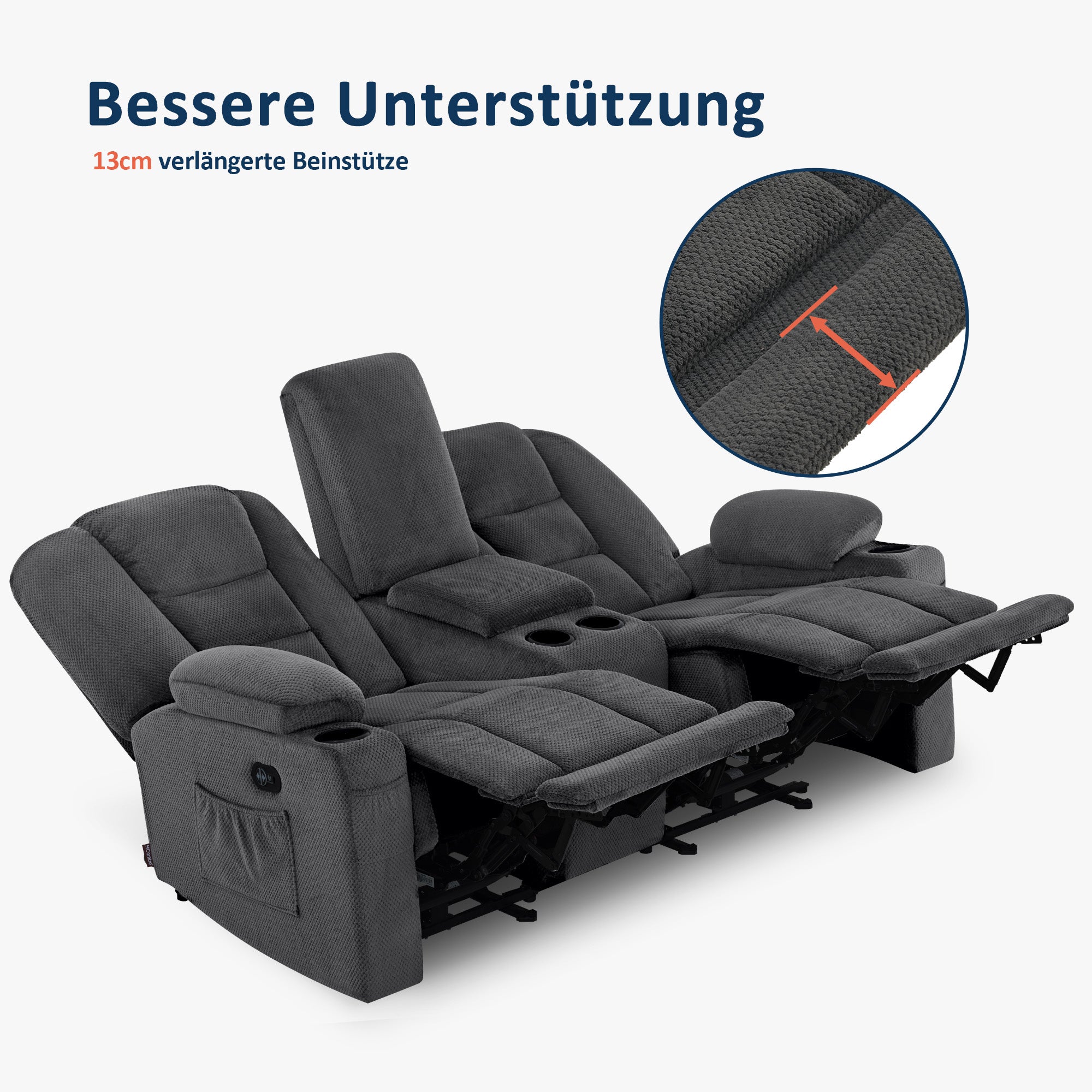 MCombo Divano elettrico con funzione letto, divano reclinabile a 2 o 3 posti (inclinazione fino a 150° regolabile tramite pulsante), divano stile cinema con funzione relax, USB e portabicchieri, modello 7009 (grigio)