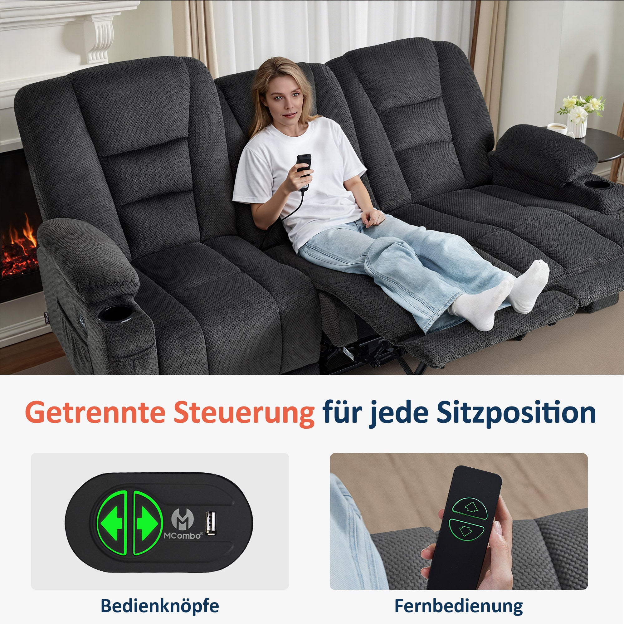 MCombo Divano elettrico con funzione letto, divano reclinabile a 2 o 3 posti (inclinazione fino a 150° regolabile tramite pulsante), divano stile cinema con funzione relax, USB e portabicchieri, modello 7009 (grigio)