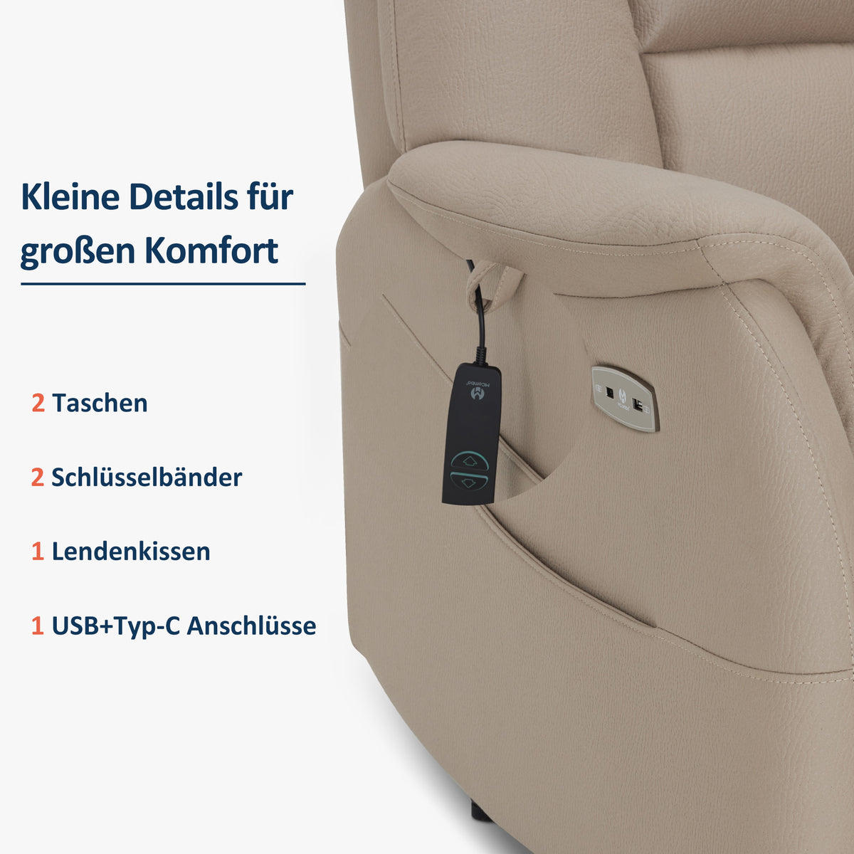 MCombo Relaxstol elektrisk justerbar, tv-lænestol 3 cm fra væggen, relaxstol massagestol med liggefunktion, tv-lænestol til små rum, USB- & Type-C-porte & lændepude, stue, 7063