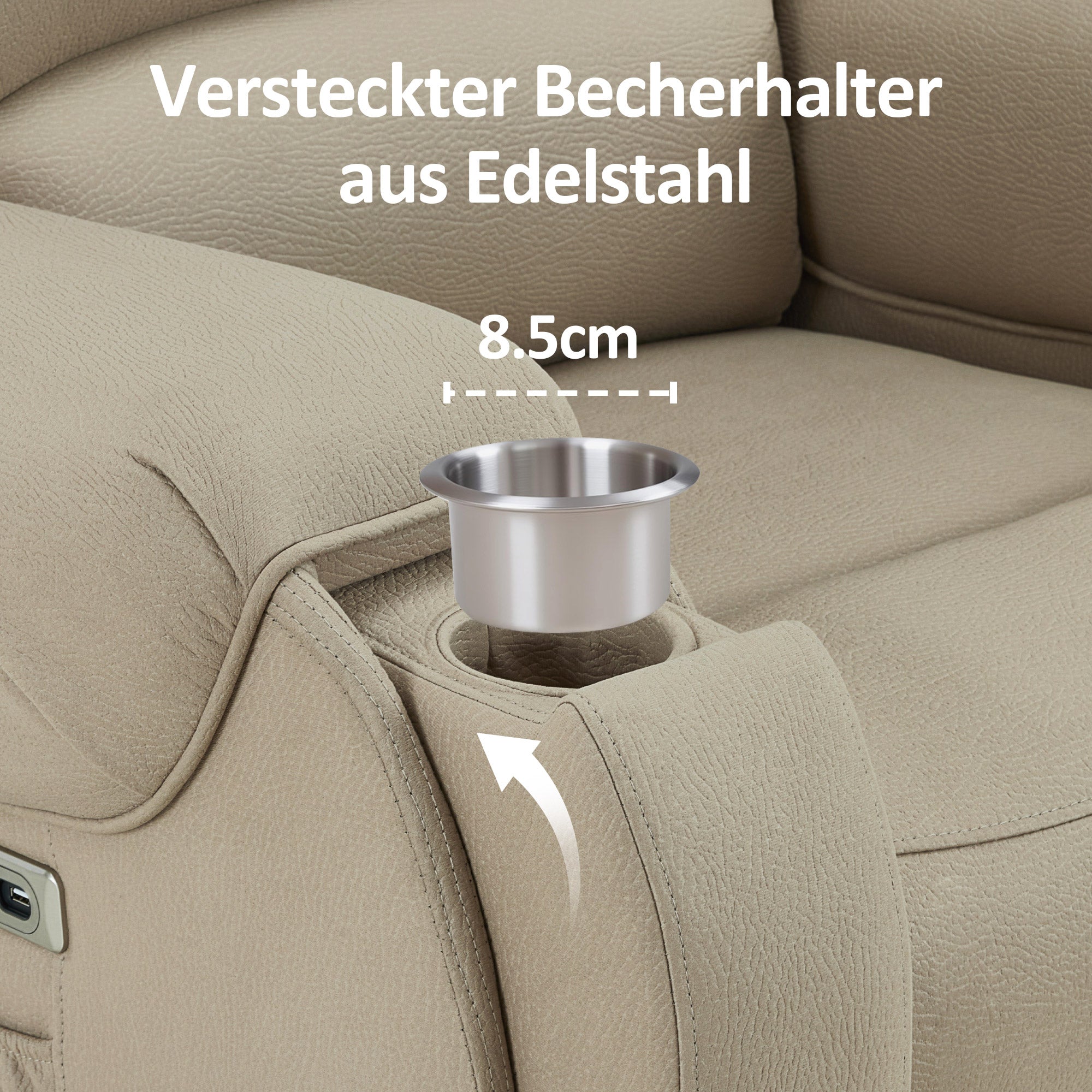 M MCombo fauteuil met opstaahulp elektrisch, met massage en verwarming, relaxfauteuil met ligfunctie tot 145° 35D volschuim zitkussen verborgen bekerhouders 7252