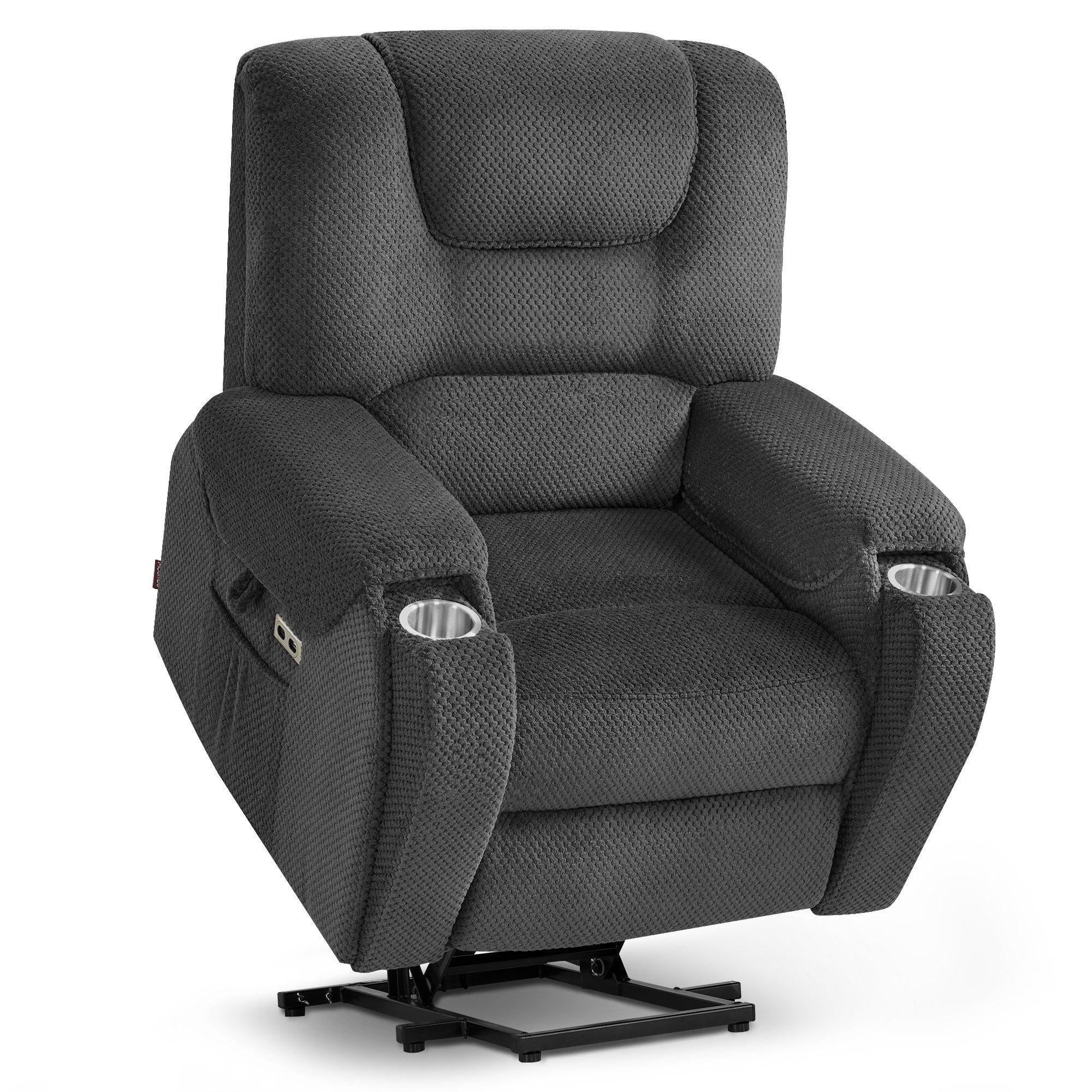 M MCombo fauteuil met opstaahulp elektrisch, met massage en verwarming, relaxfauteuil met ligfunctie tot 145° 35D volschuim zitkussen verborgen bekerhouders 7252
