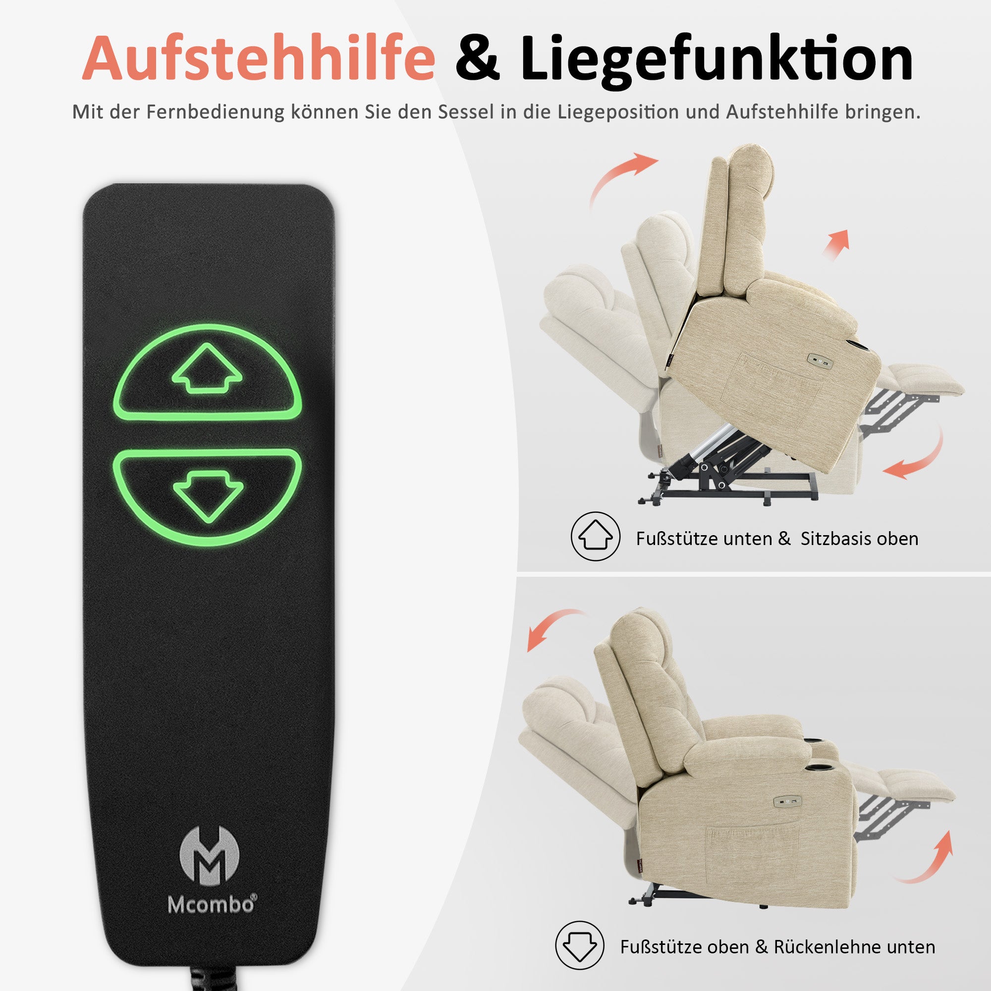 M MCombo Fernsehsessel met opstaahulp Elektrisch, fauteuil met opstaahulp, televisiefauteuil met ligfunctie tot 140°, seniorenfauteuil voor woonkamer, met USB 7286