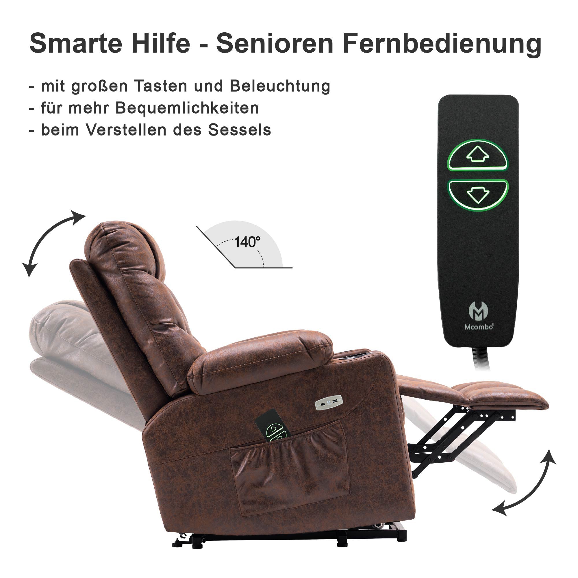M MCombo Fernsehsessel met opstaahulp Elektrisch, fauteuil met opstaahulp, televisiefauteuil met ligfunctie tot 140°, seniorenfauteuil voor woonkamer, met USB 7286