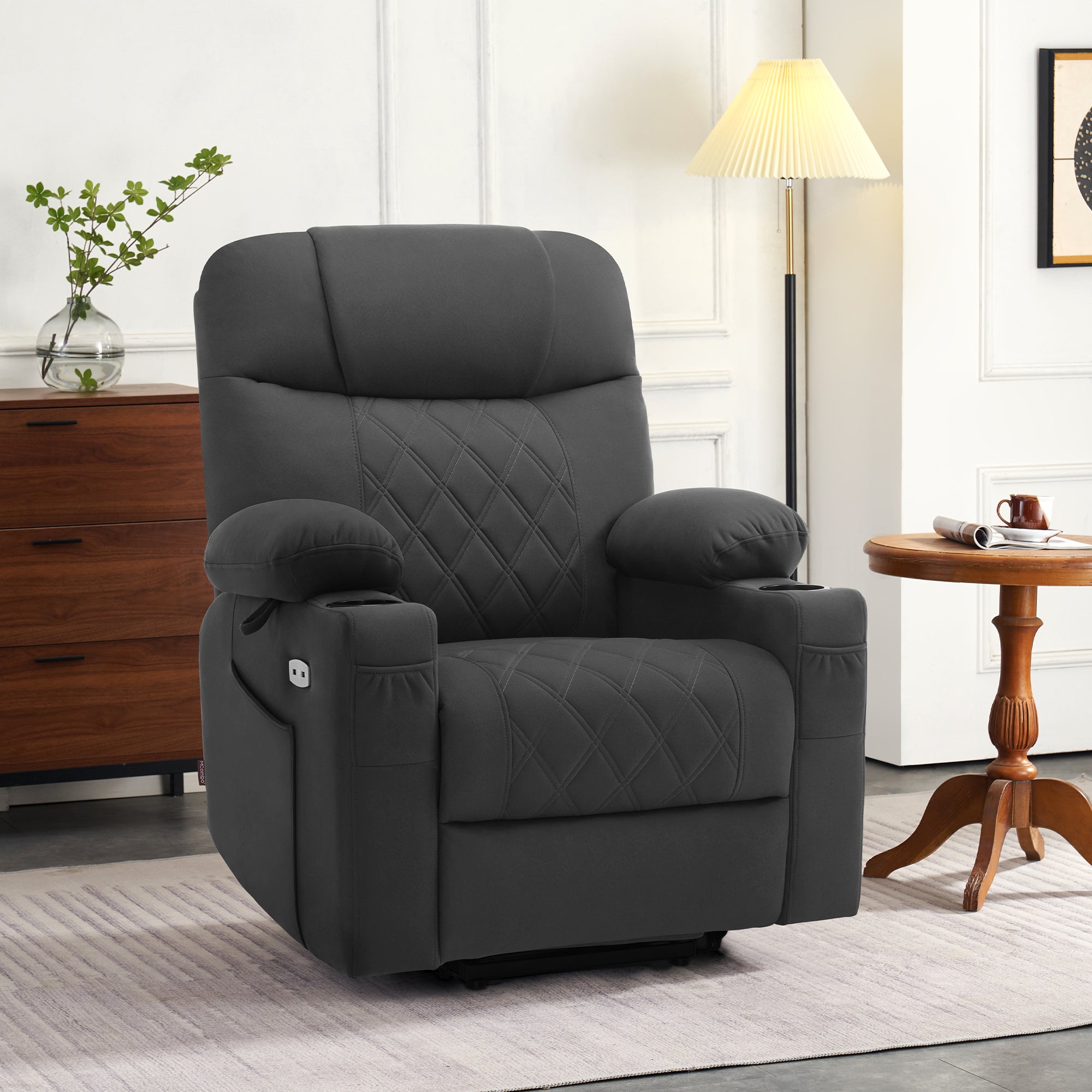 MCombo Poltrona TV elettrica reclinabile con sollevamento assistito, poltrona reclinabile con funzione reclinabile, schienale e poggiapiedi regolabili separatamente, poltrona per anziani ideale per il soggiorno, tessuto in microfibra, 7501 (grigio scuro)