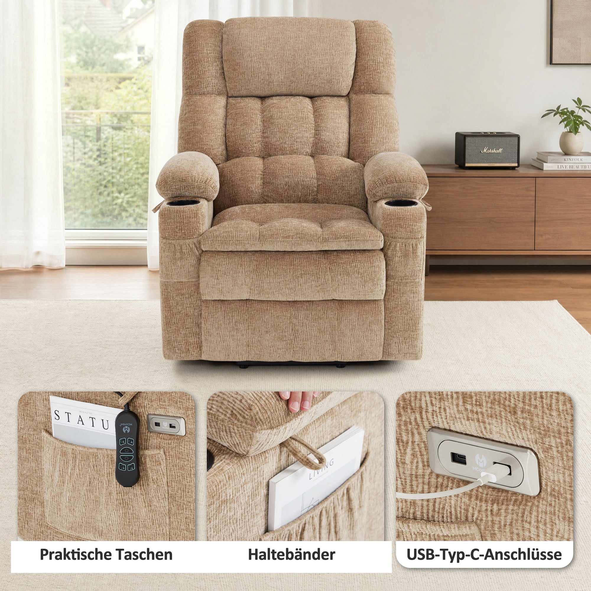 MCombo Poltrona relax elettrica a 3 motori con sistema di sollevamento assistito; schienale, poggiatesta e poggiapiedi regolabili in modo indipendente; inclinazione fino a 165°; cuscino della seduta in schiuma ad alta densità 35D (Modello 7546)