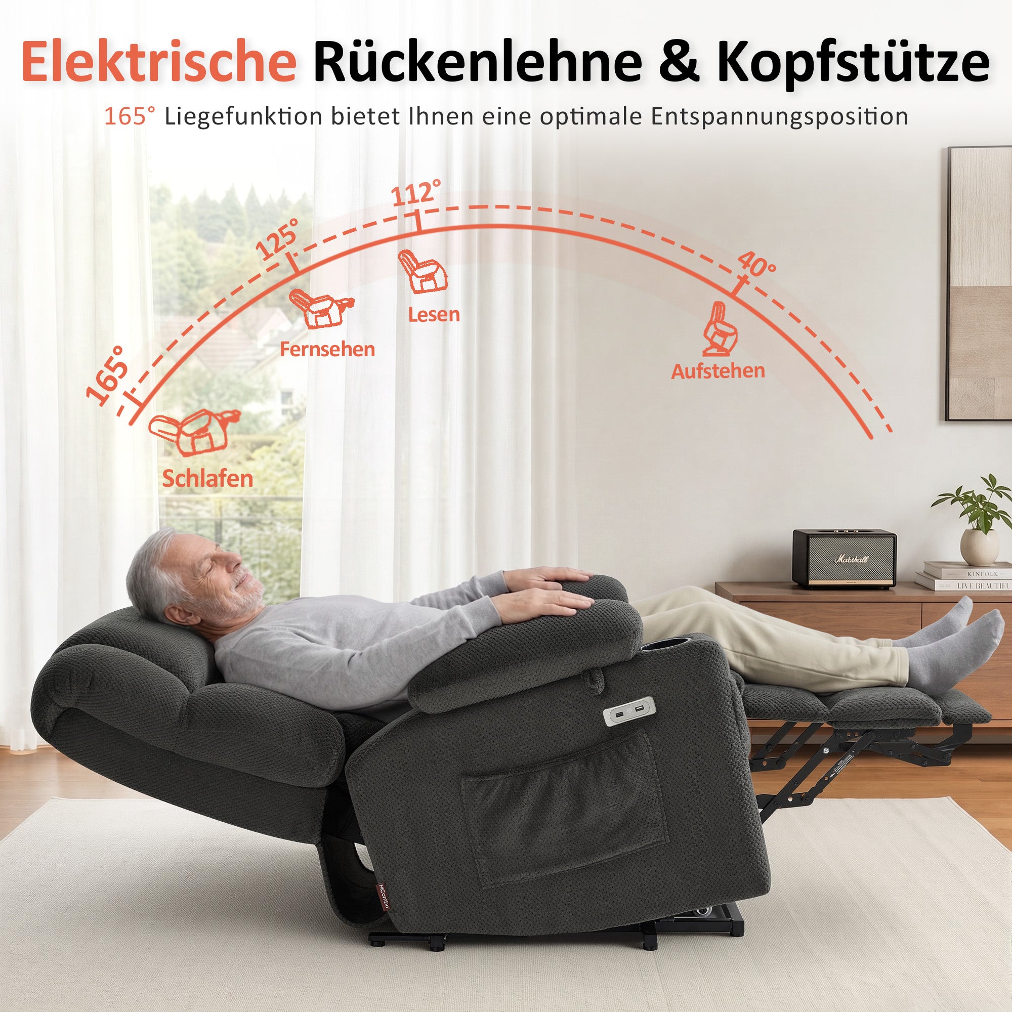 MCombo Poltrona relax elettrica a 3 motori con sistema di sollevamento assistito; schienale, poggiatesta e poggiapiedi regolabili in modo indipendente; inclinazione fino a 165°; cuscino della seduta in schiuma ad alta densità 35D (Modello 7546)