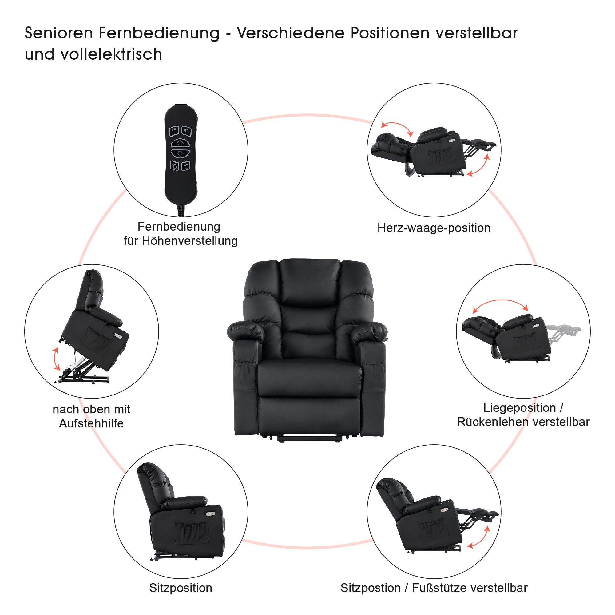MCombo Poltrona relax elettrica con funzione di sollevamento 7550, dotata di 3 motori a regolazione indipendente, inclinazione fino a 170°, poggiapiedi esteso e porta USB; ideale per il soggiorno di anziani.