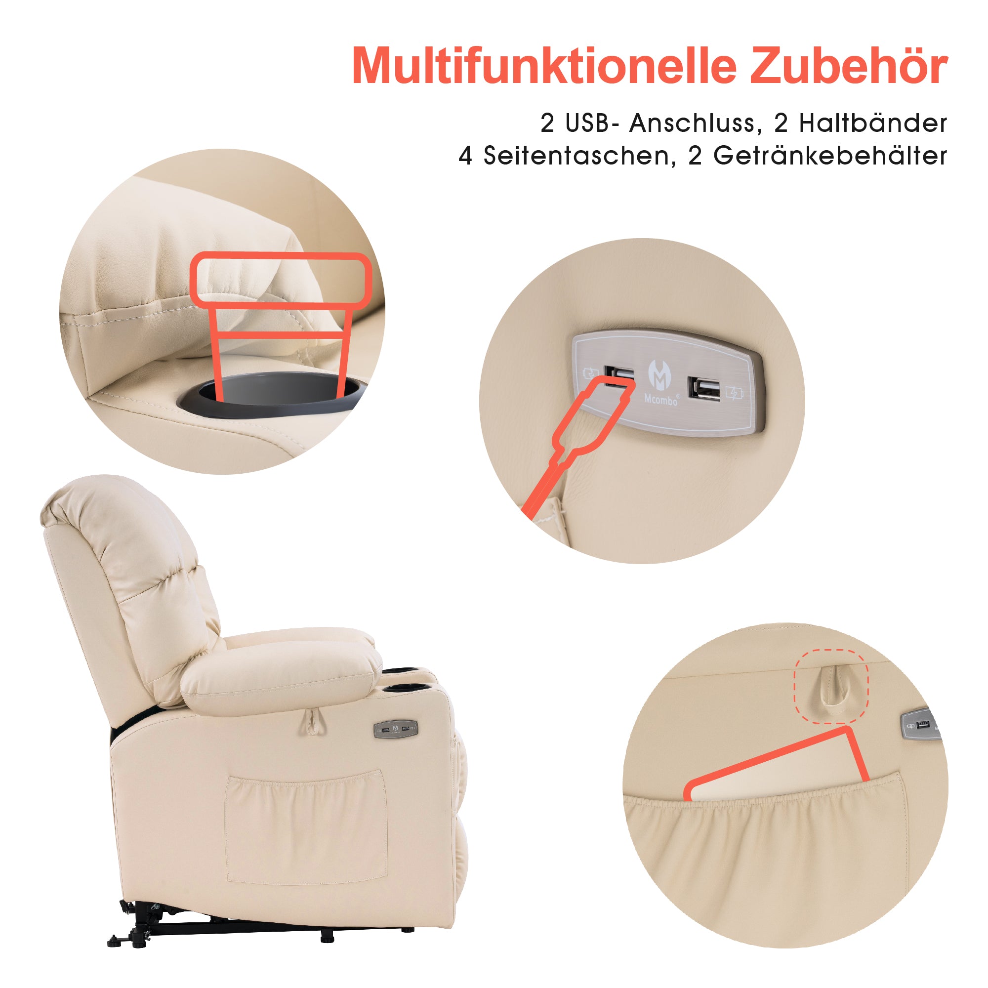 MCombo Poltrona relax elettrica con funzione di sollevamento 7550, dotata di 3 motori a regolazione indipendente, inclinazione fino a 170°, poggiapiedi esteso e porta USB; ideale per il soggiorno di anziani.