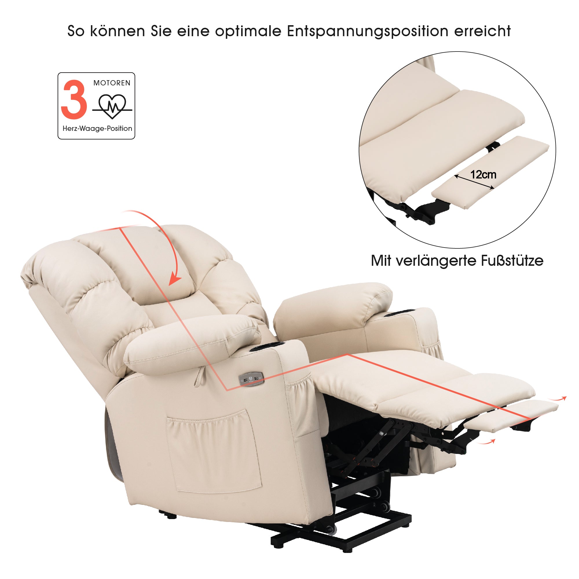 MCombo Poltrona relax elettrica con funzione di sollevamento 7550, dotata di 3 motori a regolazione indipendente, inclinazione fino a 170°, poggiapiedi esteso e porta USB; ideale per il soggiorno di anziani.