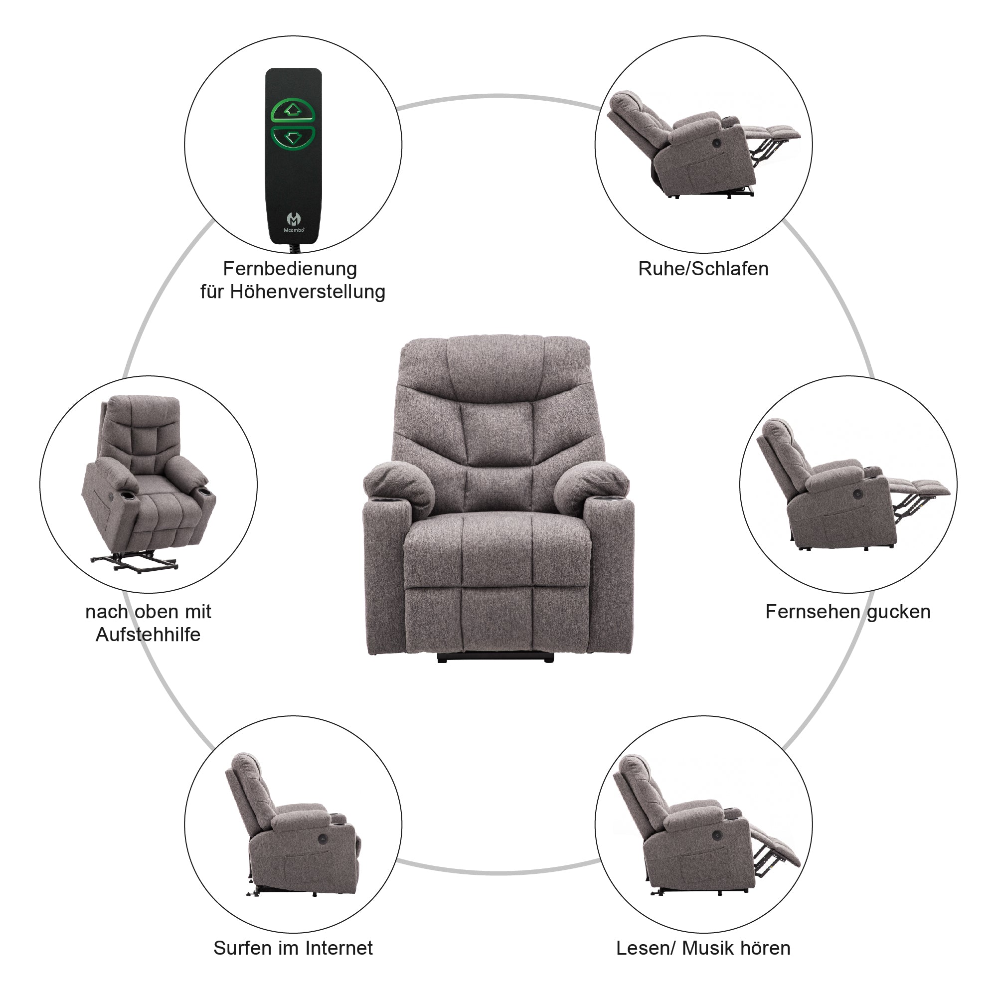 M MCombo Fernsehsessel met opstaahulp Elektrisch, fauteuil met opstaahulp, televisiefauteuil met ligfunctie tot 140°, seniorenfauteuil voor woonkamer, met USB 7286