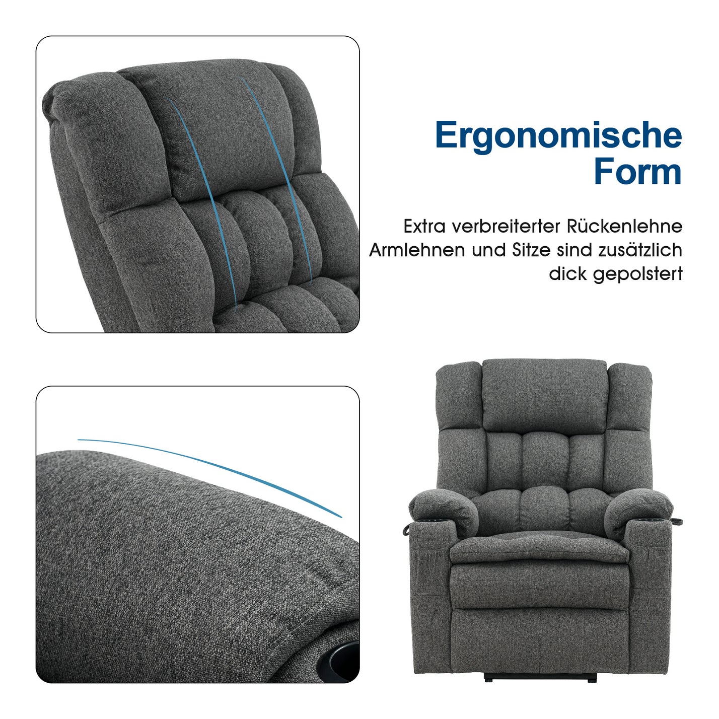 MCombo Poltrona relax elettrica a 3 motori con sistema di sollevamento assistito; schienale, poggiatesta e poggiapiedi regolabili in modo indipendente; inclinazione fino a 165°; cuscino della seduta in schiuma ad alta densità 35D (Modello 7546)