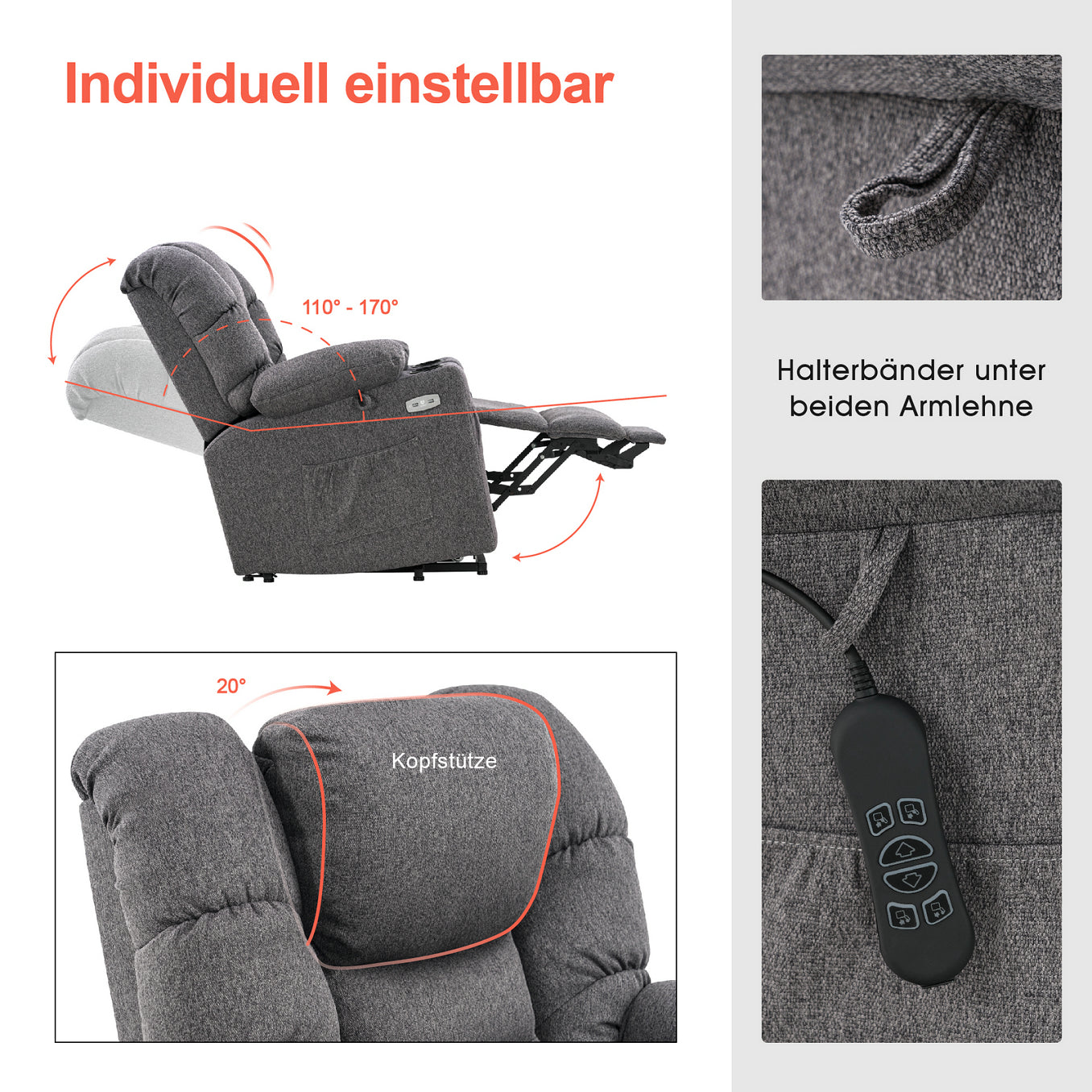 MCombo Poltrona relax elettrica con funzione di sollevamento 7550, dotata di 3 motori a regolazione indipendente, inclinazione fino a 170°, poggiapiedi esteso e porta USB; ideale per il soggiorno di anziani.
