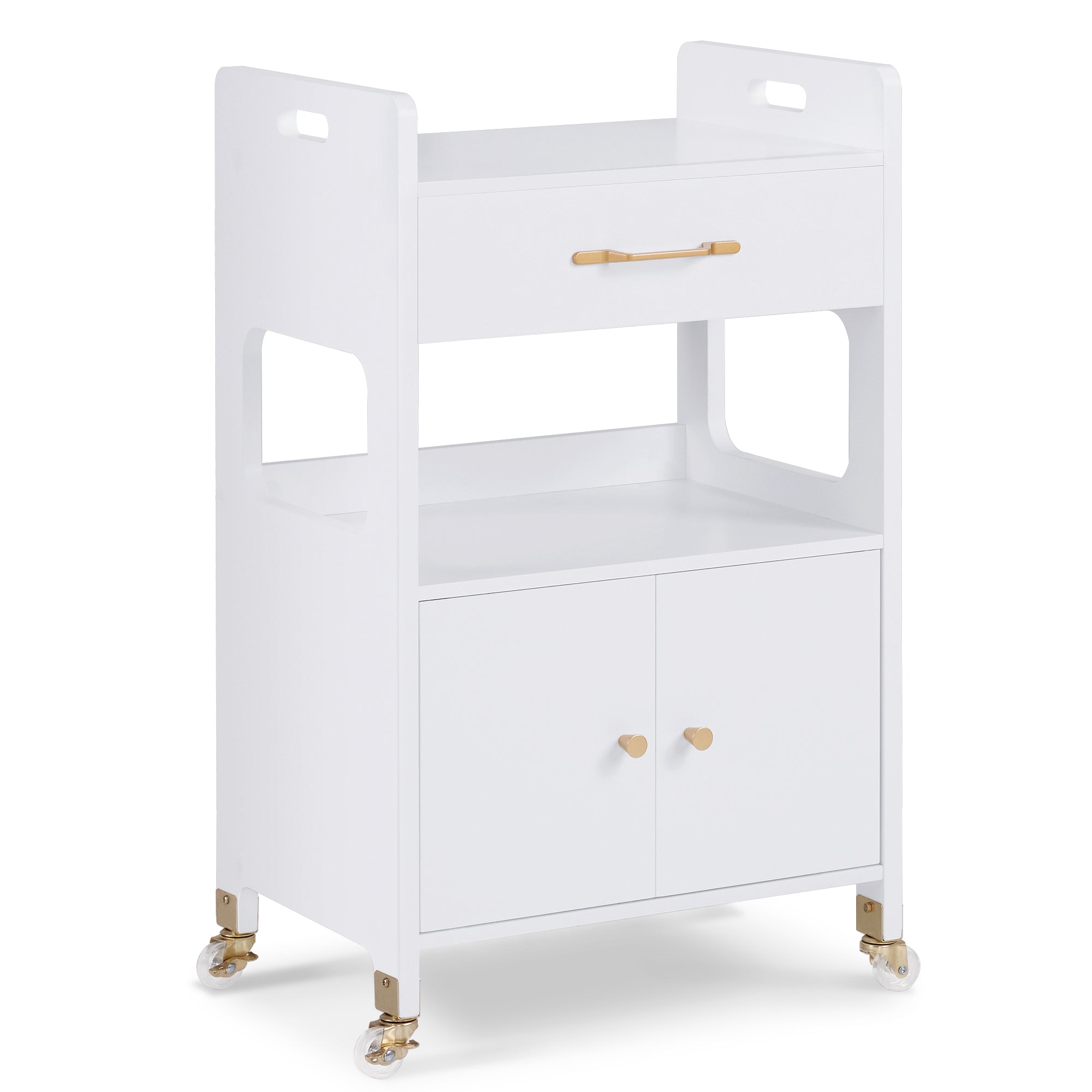 MCombo Carrello di servizio con ruote e cassetti, carrello su ruote, carrello da parrucchiere, bianco, carrello da salone con 2 ripiani, carrello da lavoro moderno per bagno e soggiorno, 35x48x80,5 cm, 0055