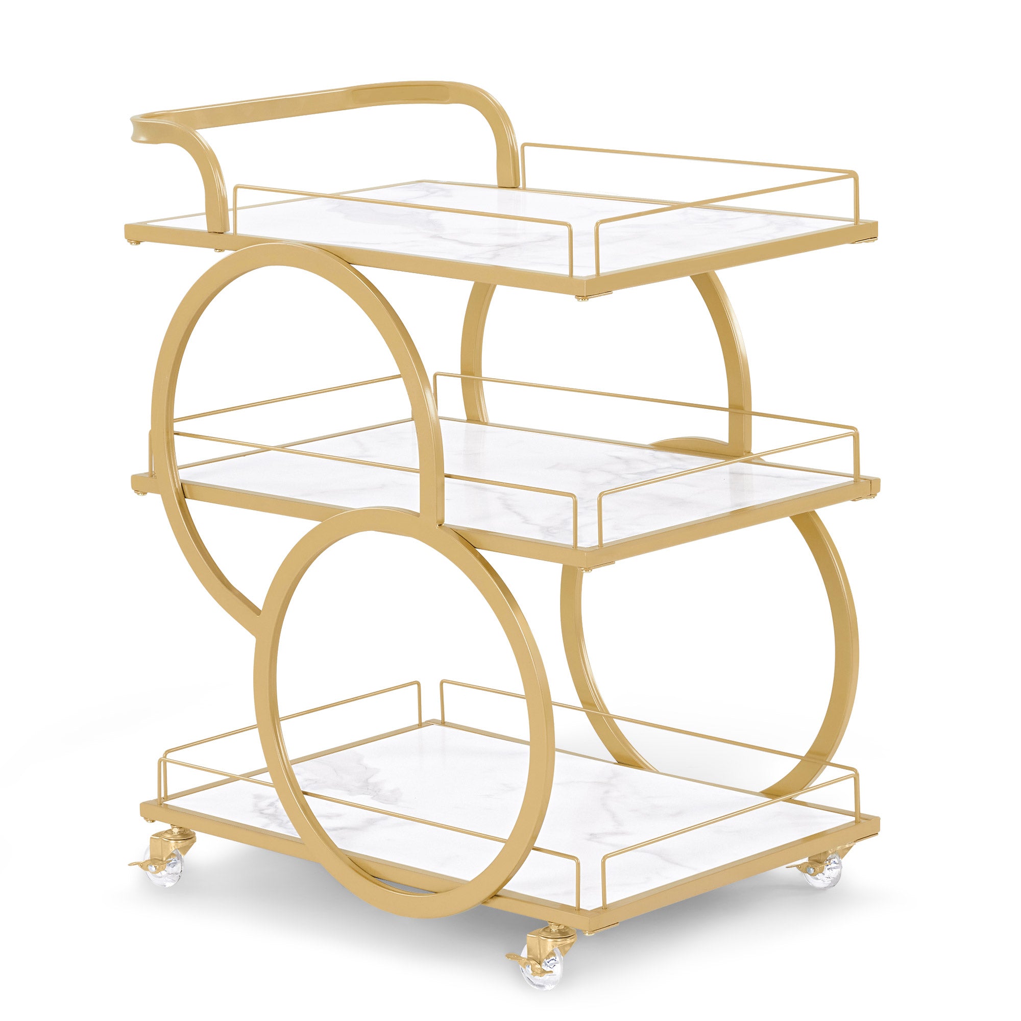 MCombo Carrello di servizio con ruote, carrello da cucina, carrello bar, struttura in metallo, bianco e oro, carrello moderno su ruote, carrello multiuso con 3 ripiani, per cucina, bagno, soggiorno, monolocale, 65x43x70, 0074