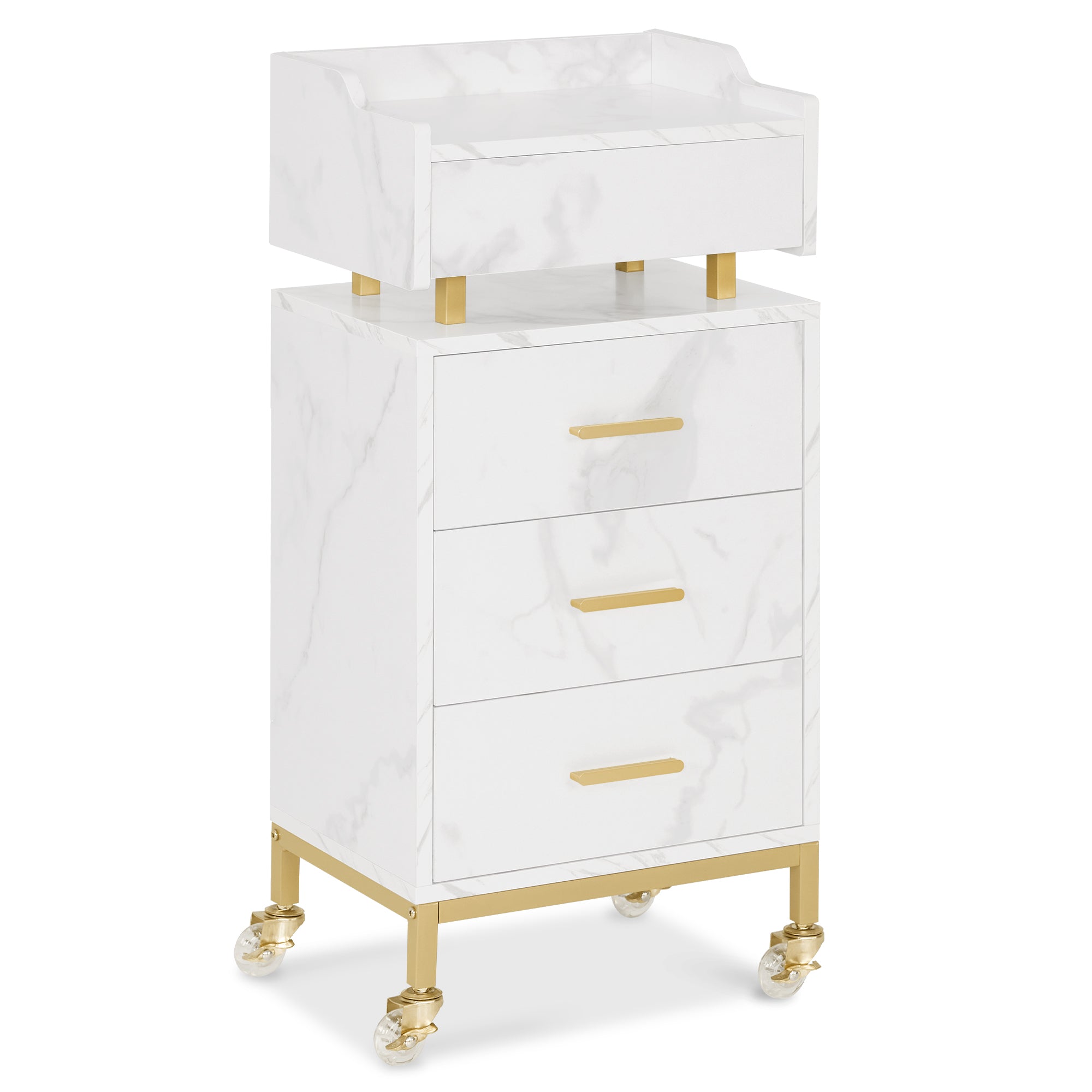 MCombo Carrello di servizio con ruote e 4 cassetti, carrello su ruote, carrello da parrucchiere, bianco, carrello da salone con ripiano, carrello da lavoro moderno per bagno/soggiorno, 30x40x86,5 cm, 0062