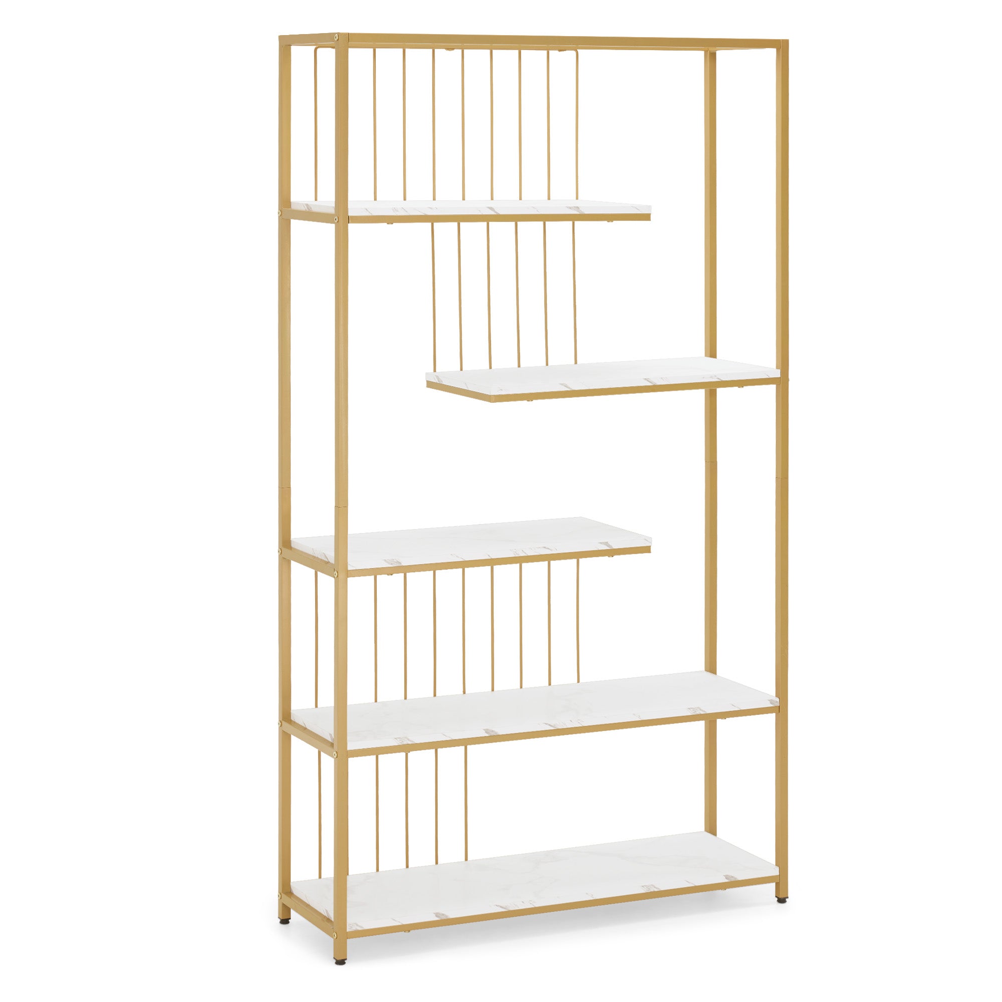 MCombo Libreria, scaffale autoportante a 5 ripiani con struttura in metallo; ideale per ufficio, soggiorno, camera da letto, cucina, centro estetico; finitura bianco effetto marmo e oro; 30x100x180 cm; 5177