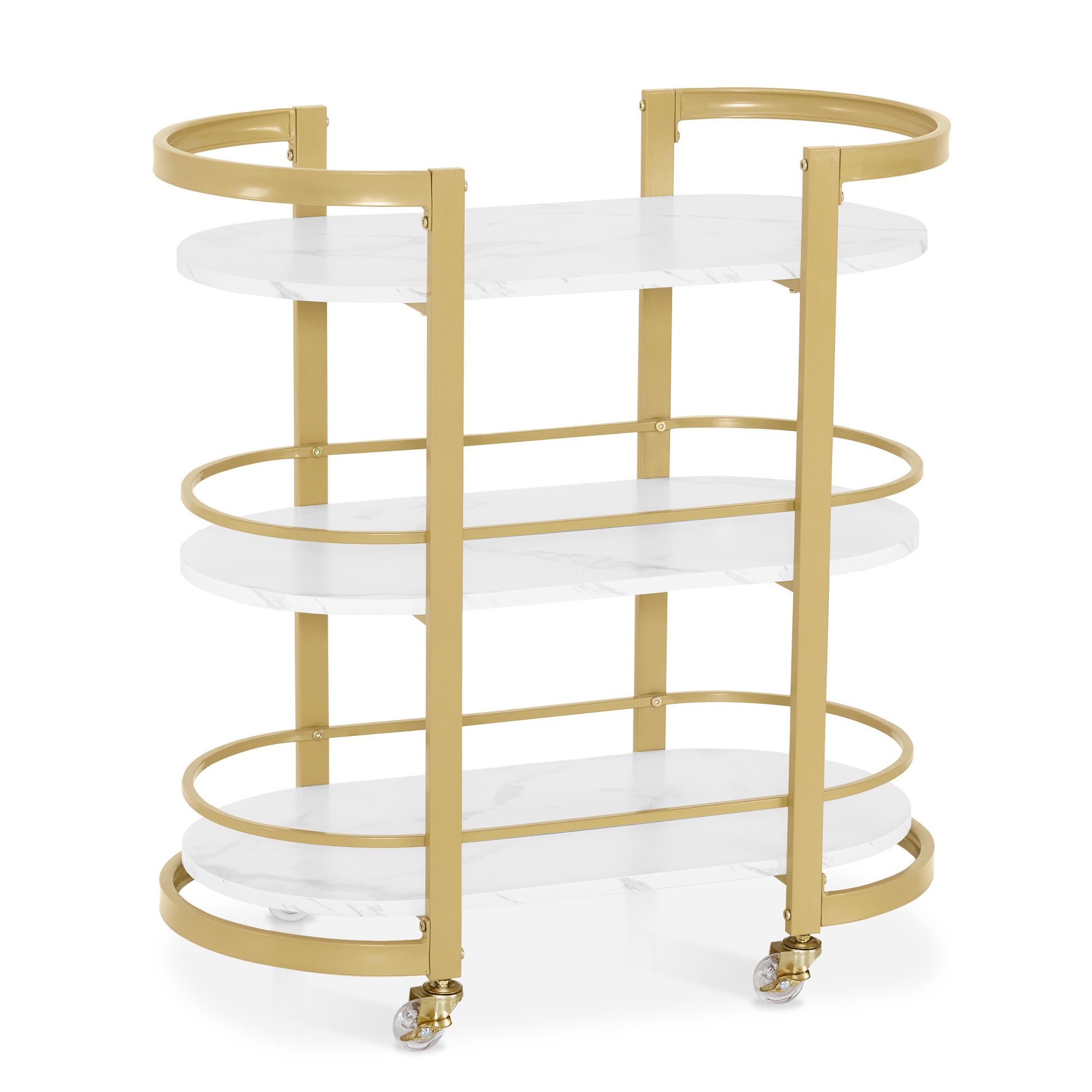 MCombo Carrello di servizio con ruote, carrello da cucina, carrello bar, struttura in metallo, bianco e oro, carrello moderno con ruote, carrello multiuso con 3 ripiani, per cucina, bagno, soggiorno, ufficio, 40x75,5x80, 0034
