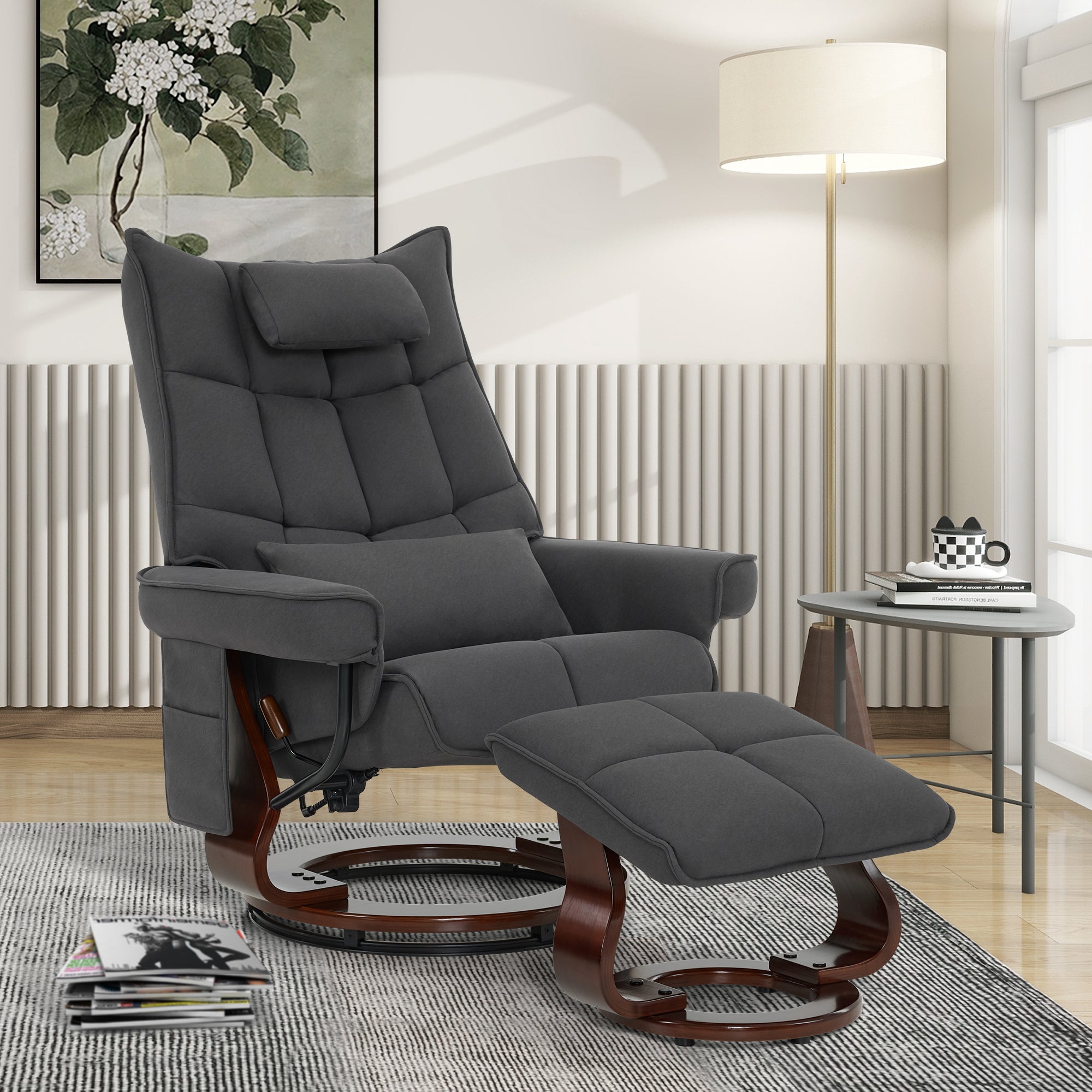 MCombo Relaxfauteuil met Hocker 9076, Draaiende fauteuil met ligfunctie, Moderne TV-fauteuil voor de woonkamer, met kussen en zijzak, Microvezel/Stof, 140 x 92 x 111 cm