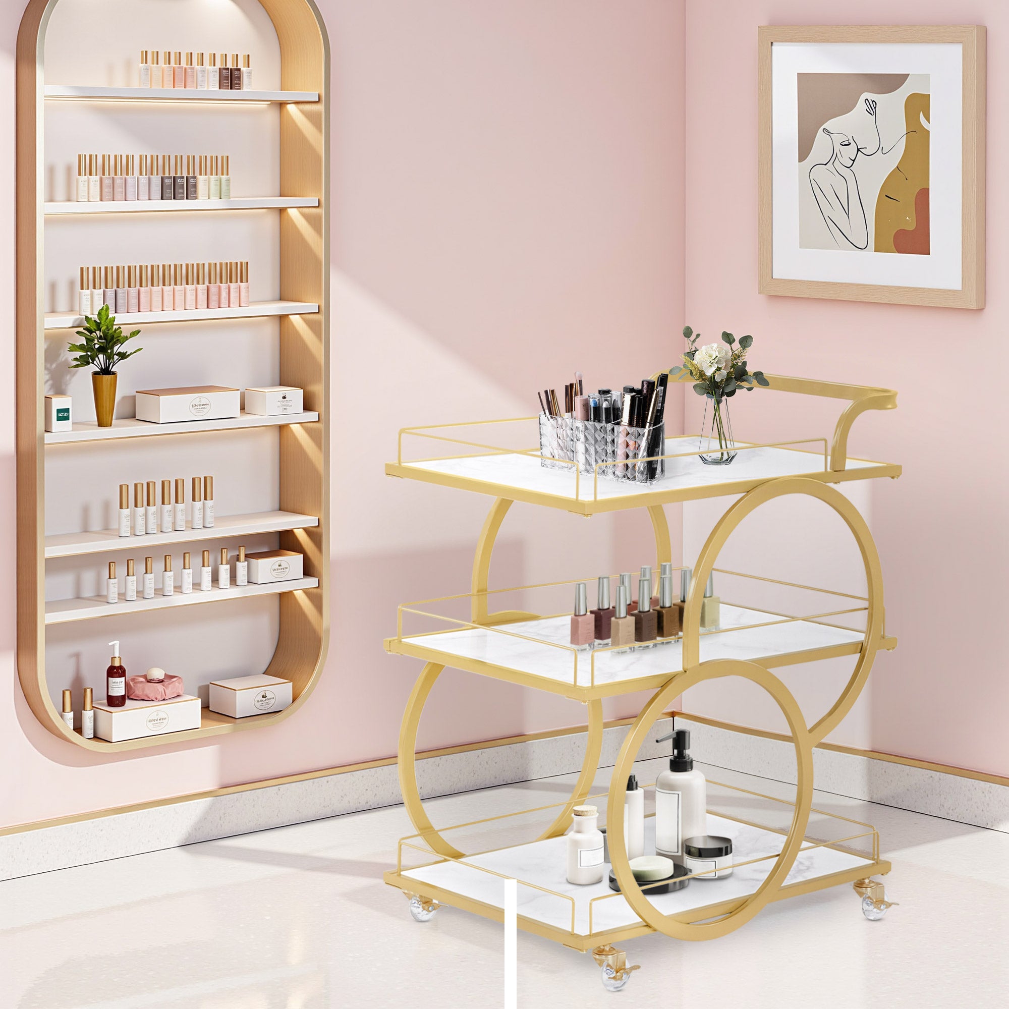 MCombo Carrello di servizio con ruote, carrello da cucina, carrello bar, struttura in metallo, bianco e oro, carrello moderno su ruote, carrello multiuso con 3 ripiani, per cucina, bagno, soggiorno, monolocale, 65x43x70, 0074