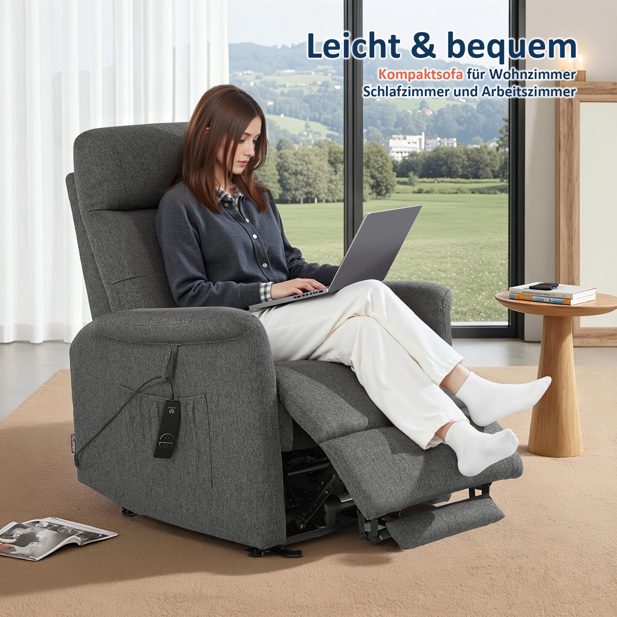 M MCombo elektrische fauteuil met opsta-hulp, fauteuil met ligfunctie tot 140°, massage en verwarming, kleine opsta-fauteuil, seniorenfauteuil voor woonkamer 7089