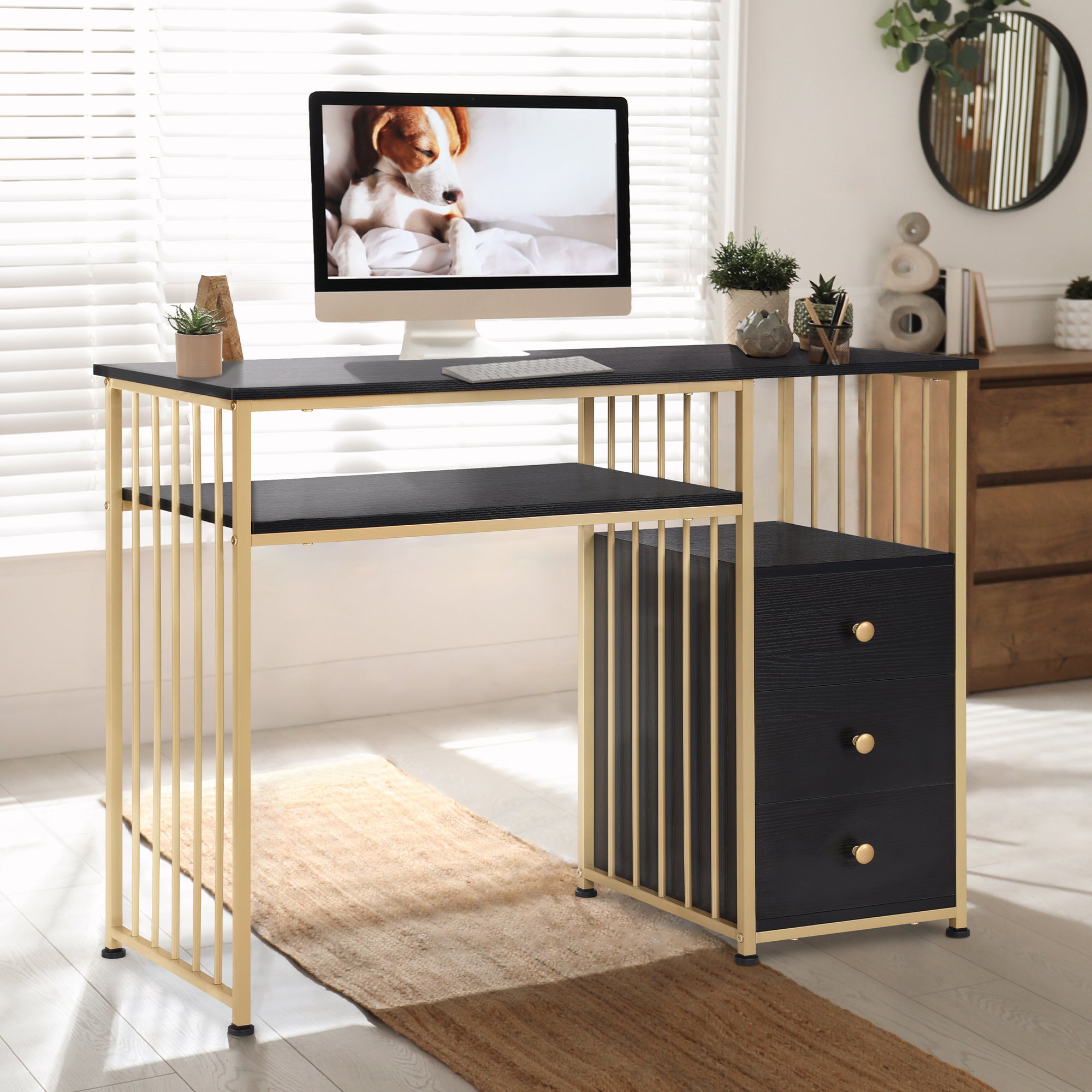 MCombo Scrivania con cassetti, tavolo da trucco senza specchio, tavolo per manicure in legno con struttura in metallo, scrivania moderna per computer per soggiorno, 109 x 45,5 x 81 cm, 2407
