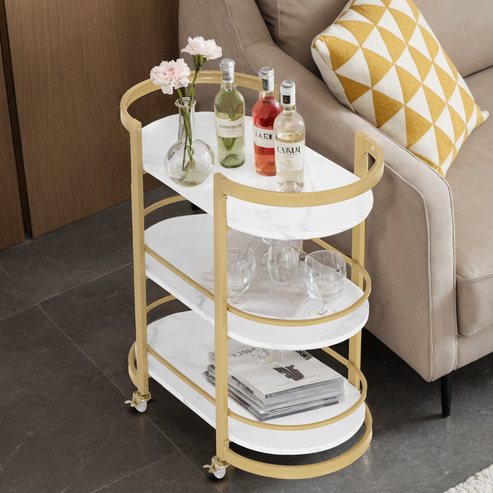 MCombo Carrello di servizio con ruote, carrello da cucina, carrello bar, struttura in metallo, bianco e oro, carrello moderno con ruote, carrello multiuso con 3 ripiani, per cucina, bagno, soggiorno, ufficio, 40x75,5x80, 0034