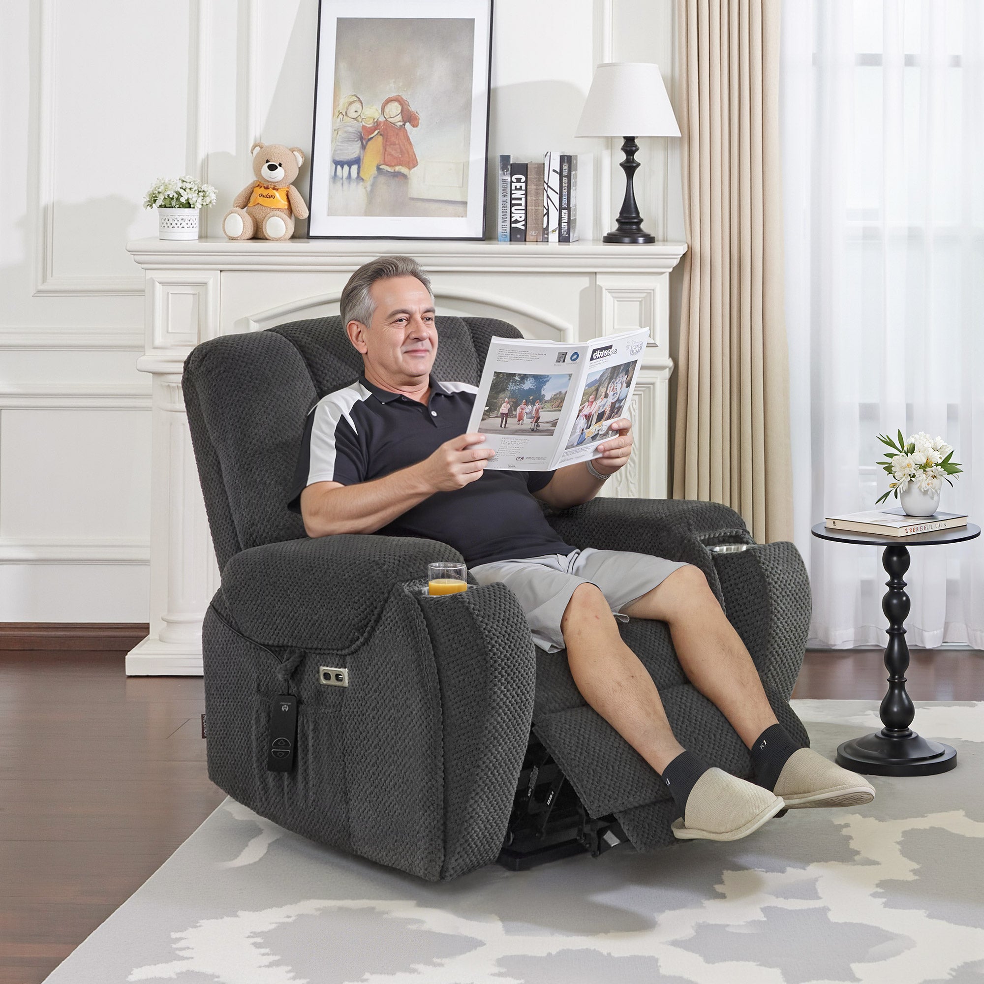 MCombo Poltrona TV elettrica con sollevamento assistito, massaggio e riscaldamento, schienale reclinabile fino a 145°, cuscino di seduta in schiuma 35D, portabicchieri a scomparsa 7252