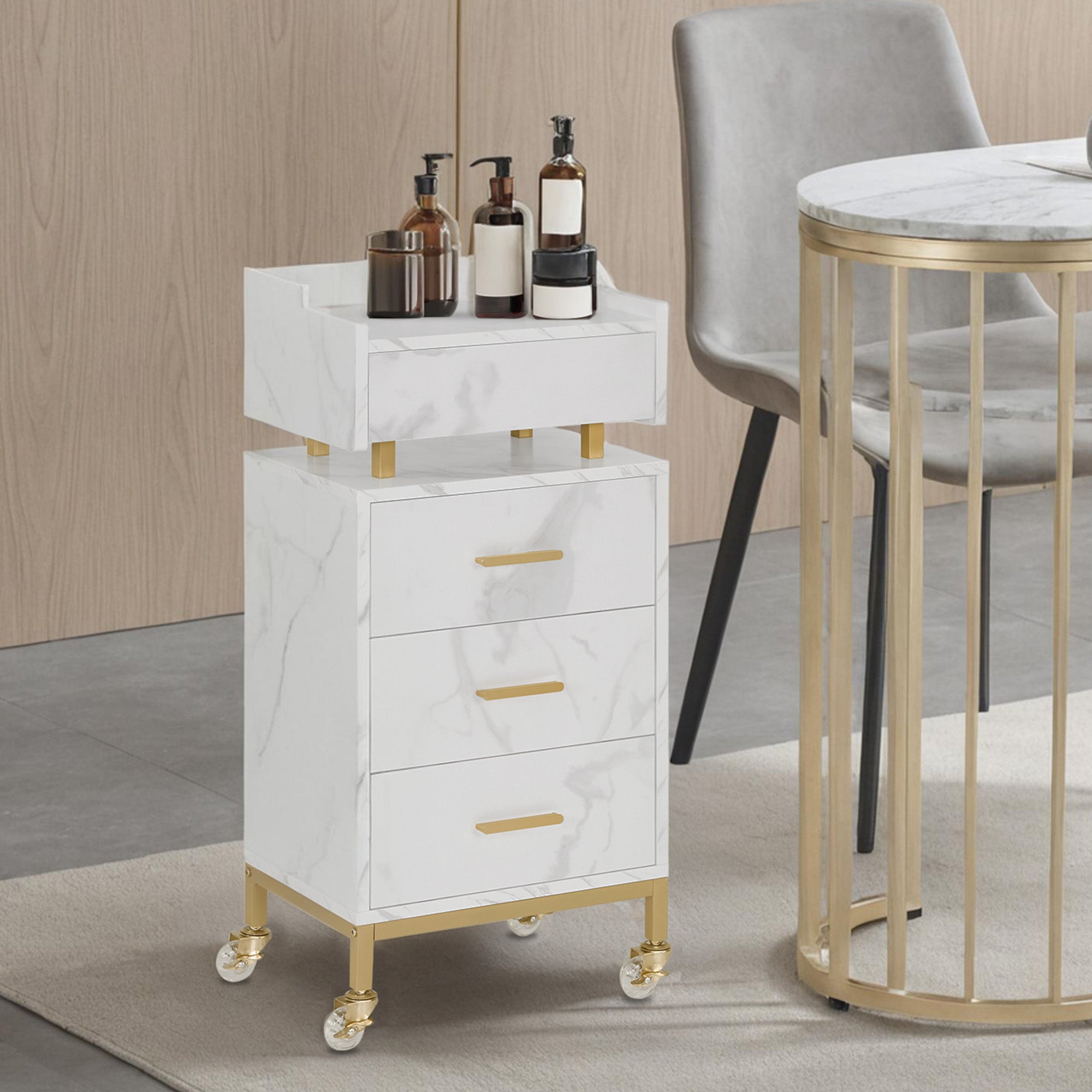 MCombo Carrello di servizio con ruote e 4 cassetti, carrello su ruote, carrello da parrucchiere, bianco, carrello da salone con ripiano, carrello da lavoro moderno per bagno/soggiorno, 30x40x86,5 cm, 0062