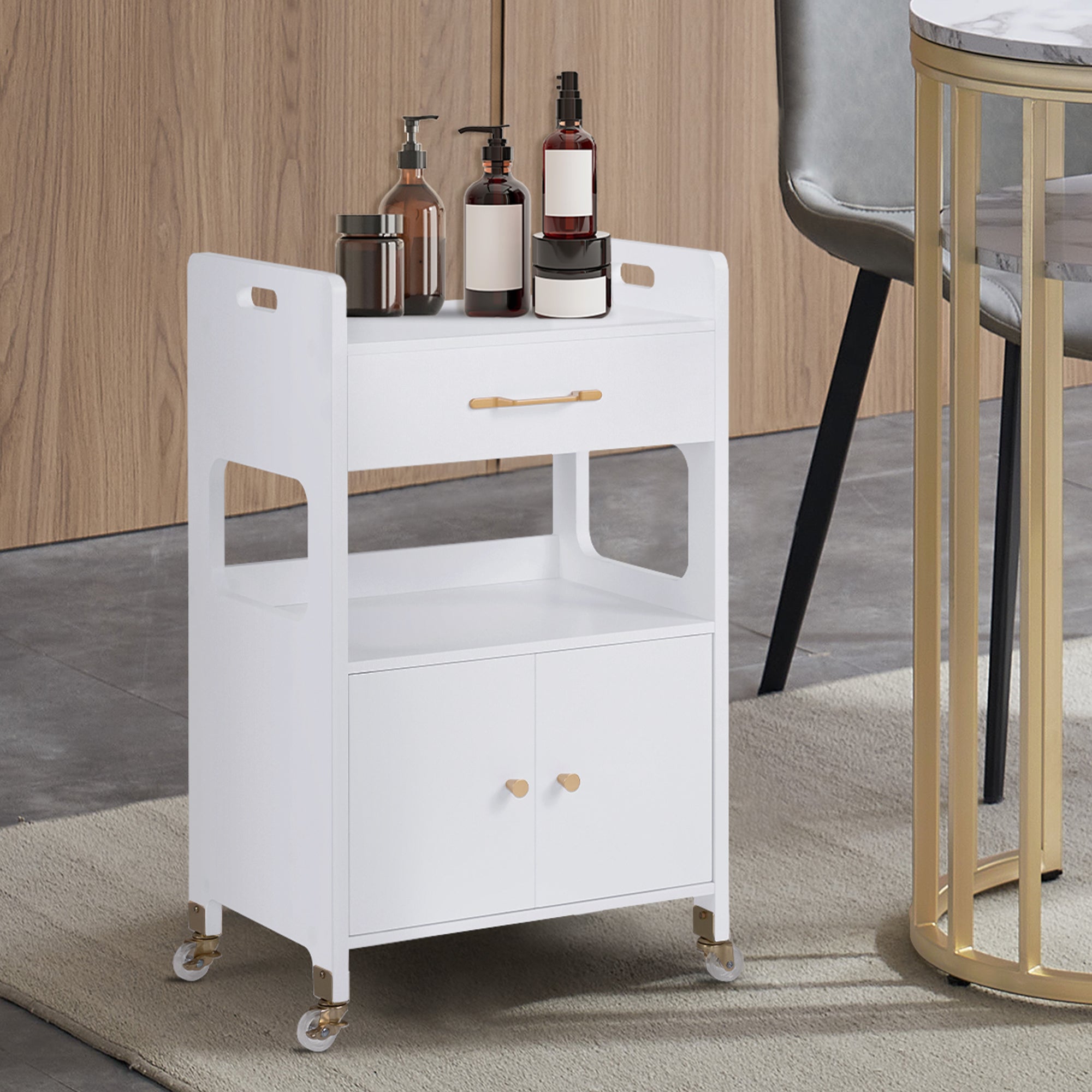 MCombo Carrello di servizio con ruote e cassetti, carrello su ruote, carrello da parrucchiere, bianco, carrello da salone con 2 ripiani, carrello da lavoro moderno per bagno e soggiorno, 35x48x80,5 cm, 0055