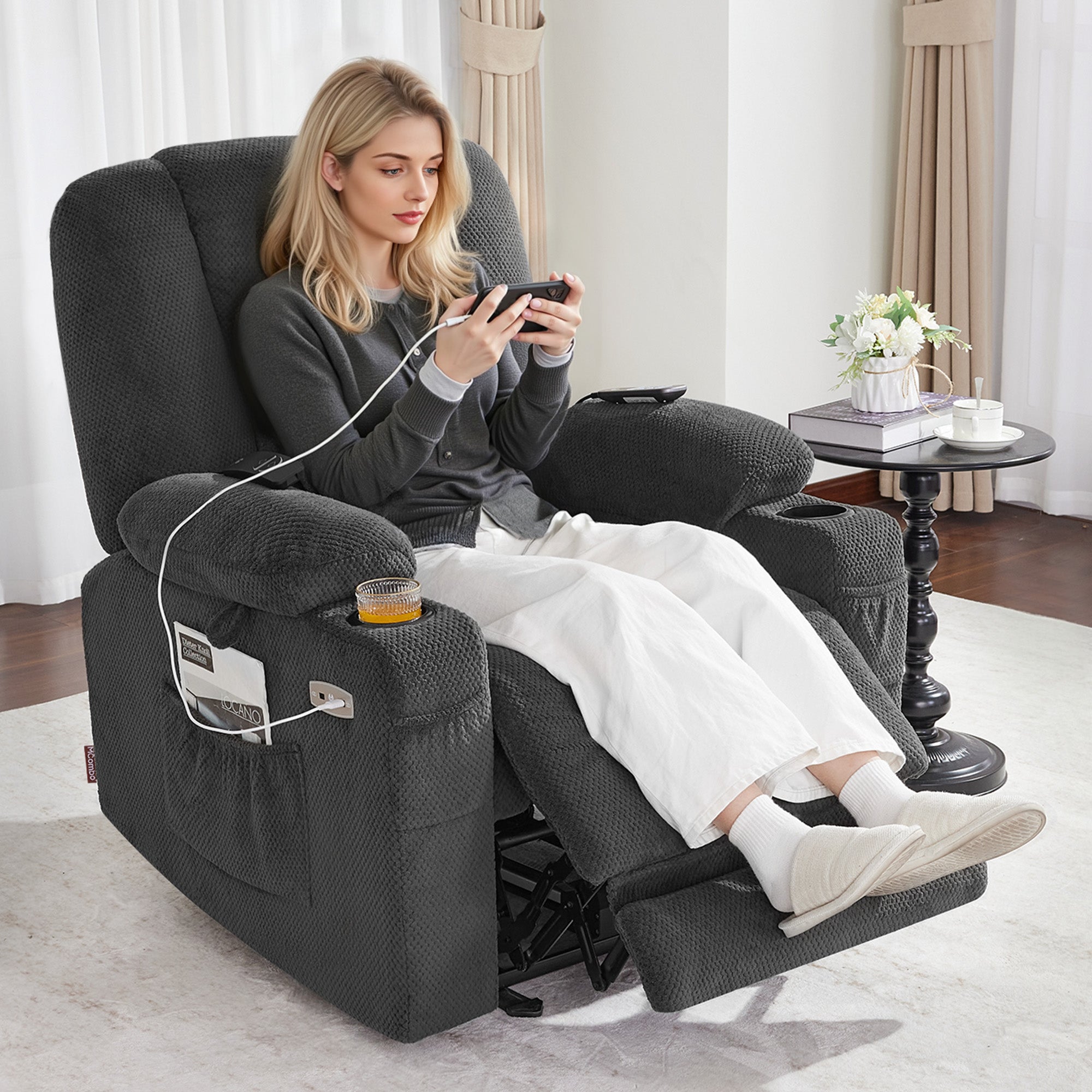 MCombo Poltrona TV reclinabile elettricamente regolabile 7008, poltrona reclinabile con funzione di sdraiarsi, poltrona TV con funzione massaggio e riscaldamento, porta USB e portabicchieri, per soggiorno