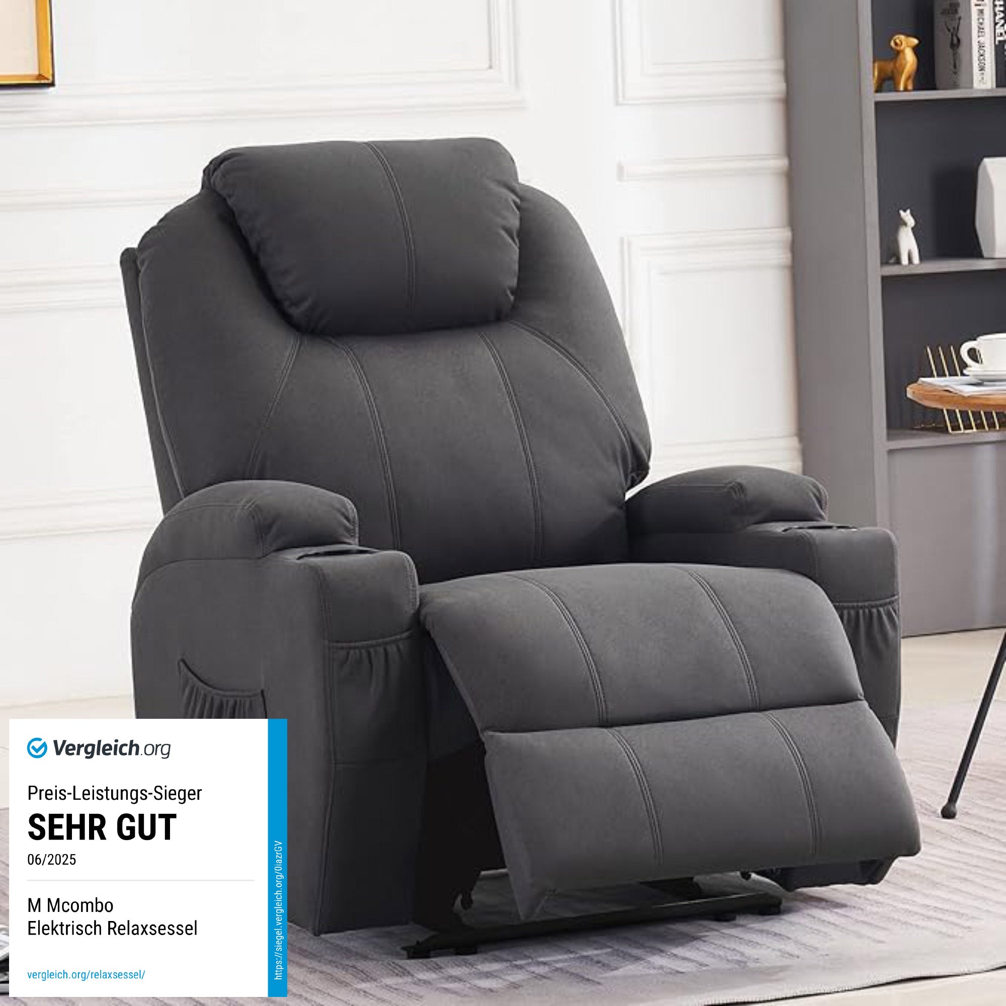 MCombo Poltrona relax elettrica, poltrona massaggiante, poltrona TV, funzione reclinabile, vibrazione, riscaldamento 7061