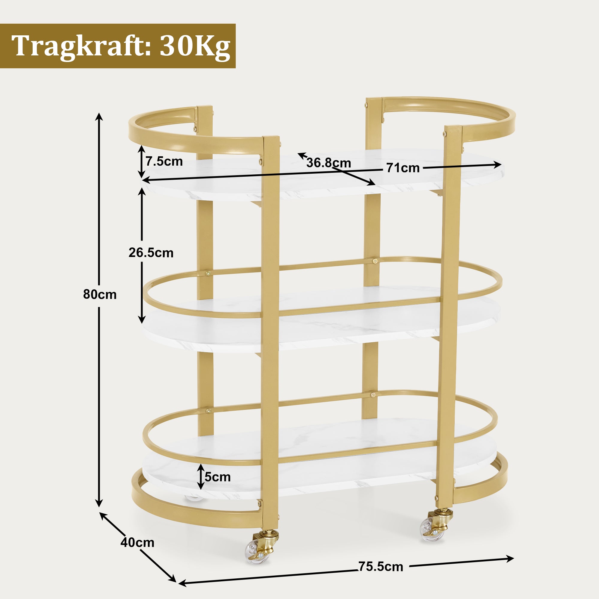 MCombo Carrello di servizio con ruote, carrello da cucina, carrello bar, struttura in metallo, bianco e oro, carrello moderno con ruote, carrello multiuso con 3 ripiani, per cucina, bagno, soggiorno, ufficio, 40x75,5x80, 0034