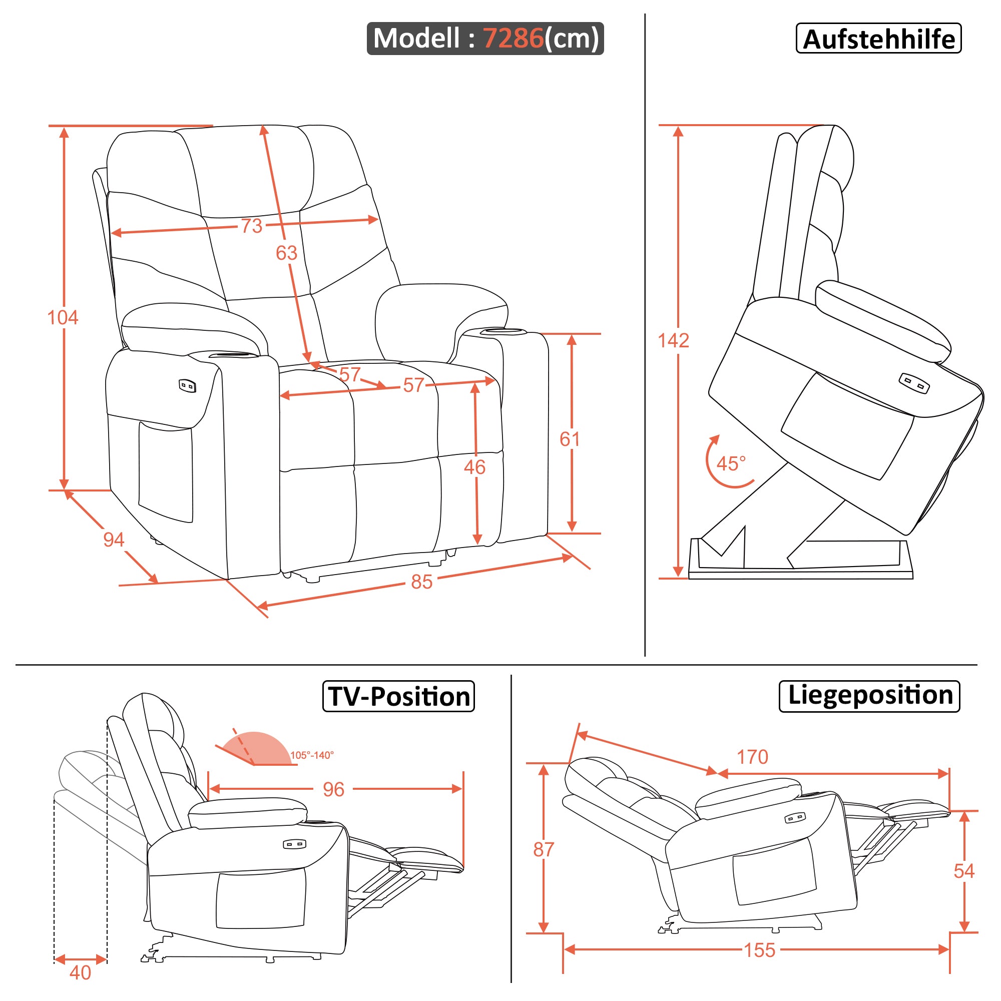 MCombo Poltrona reclinabile elettrica per TV con sollevamento assistito, poltrona reclinabile con sollevamento assistito, poltrona reclinabile per TV con funzione reclinabile fino a 140°, poltrona per anziani per soggiorno, con USB 7286