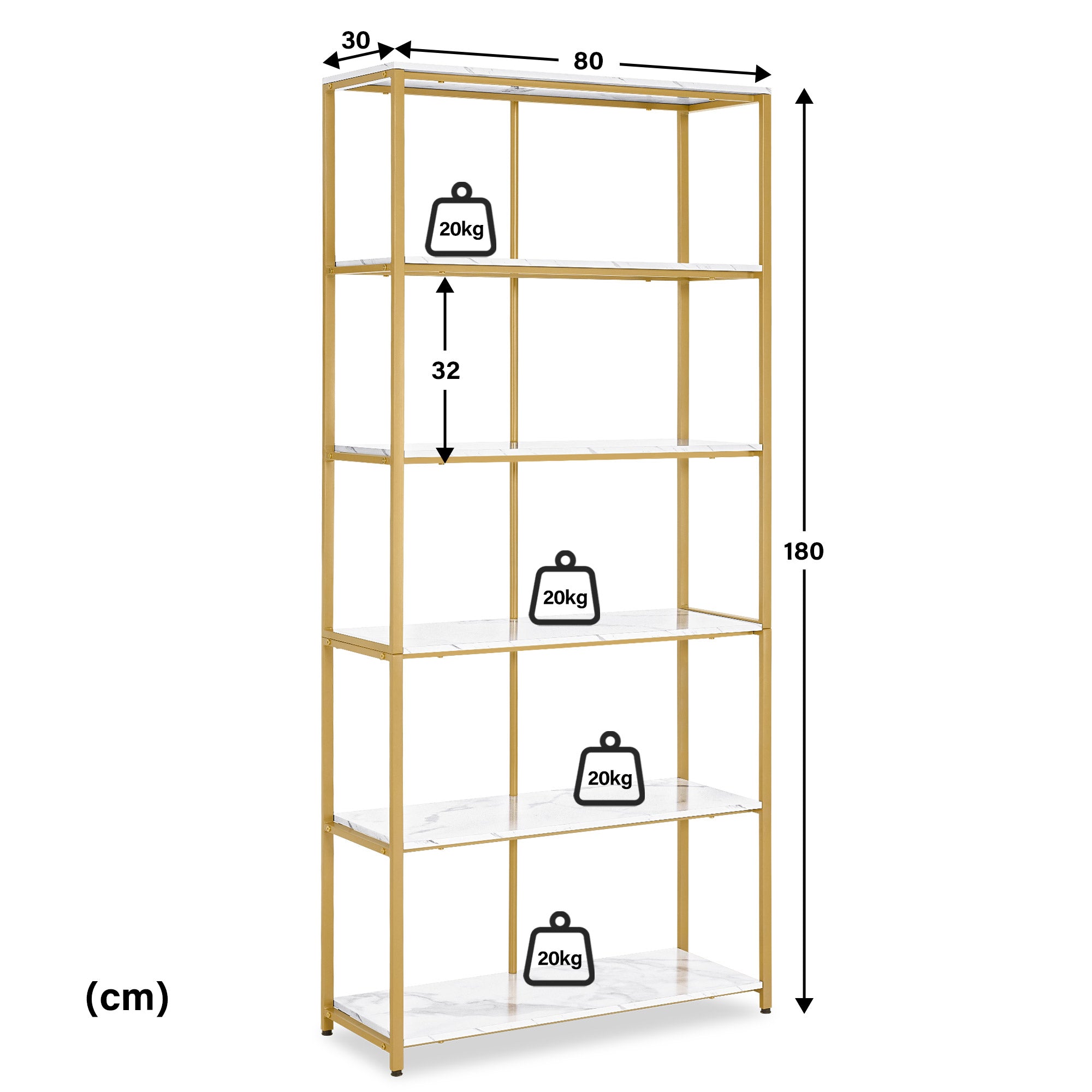 MCombo Libreria color oro, scaffale autoportante a 5 ripiani con struttura in metallo; ideale per ufficio, soggiorno, camera da letto, cucina o centro estetico; 30x80x180 cm, 5166