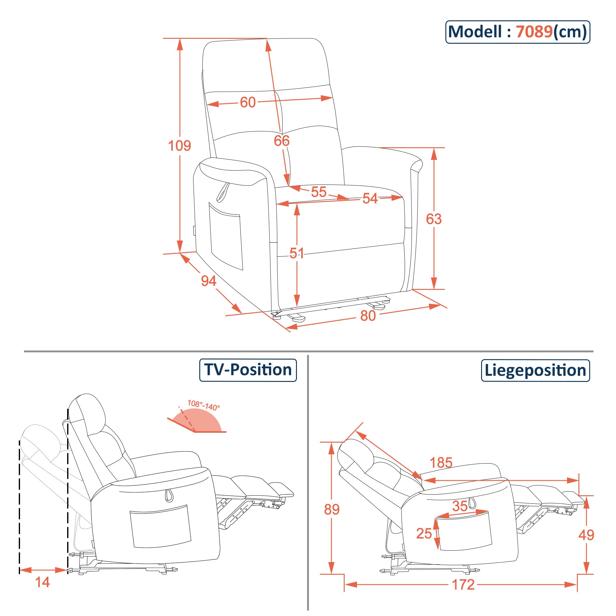 M MCombo elektrische fauteuil met opsta-hulp, fauteuil met ligfunctie tot 140°, massage en verwarming, kleine opsta-fauteuil, seniorenfauteuil voor woonkamer 7089