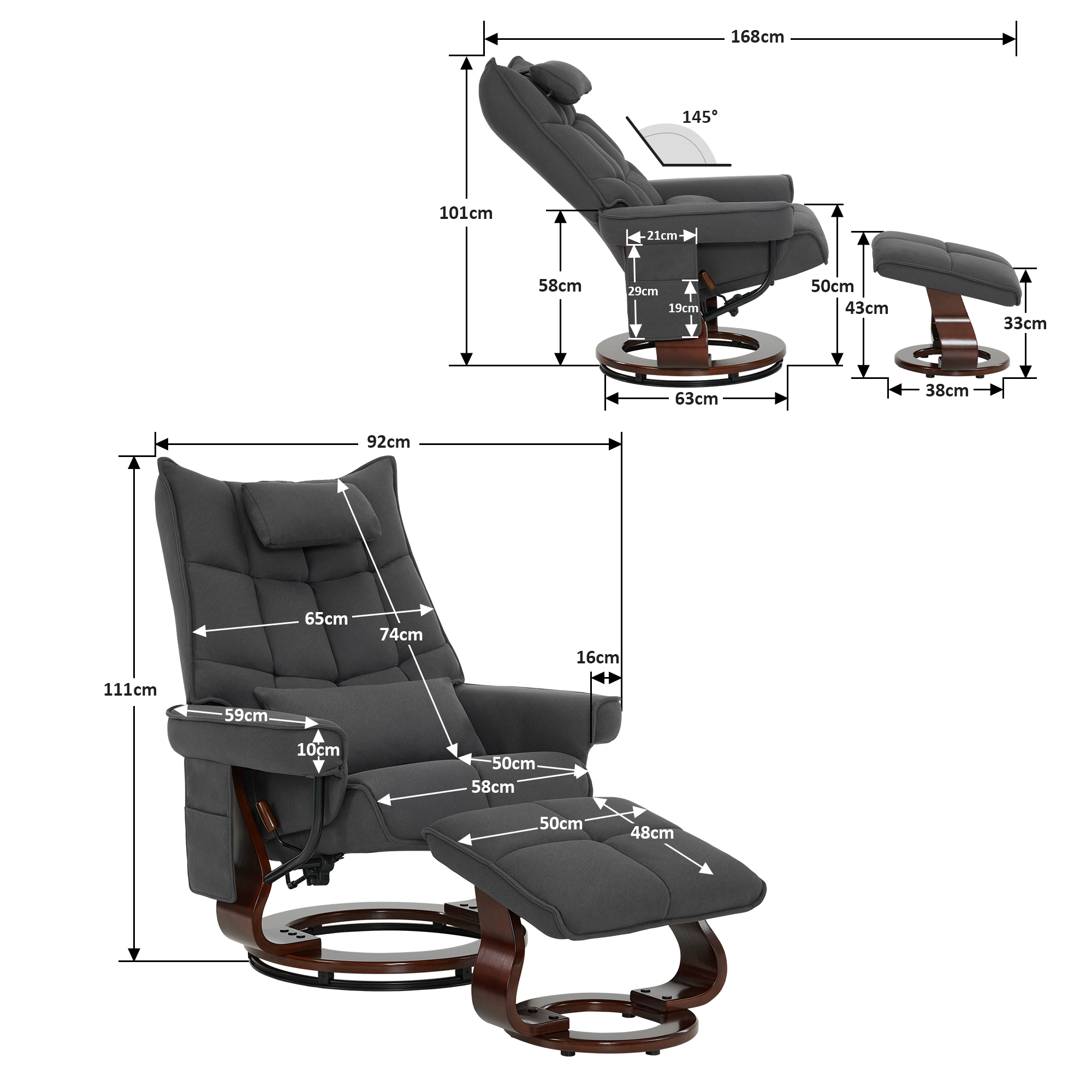 MCombo Relaxfauteuil met Hocker 9076, Draaiende fauteuil met ligfunctie, Moderne TV-fauteuil voor de woonkamer, met kussen en zijzak, Microvezel/Stof, 140 x 92 x 111 cm