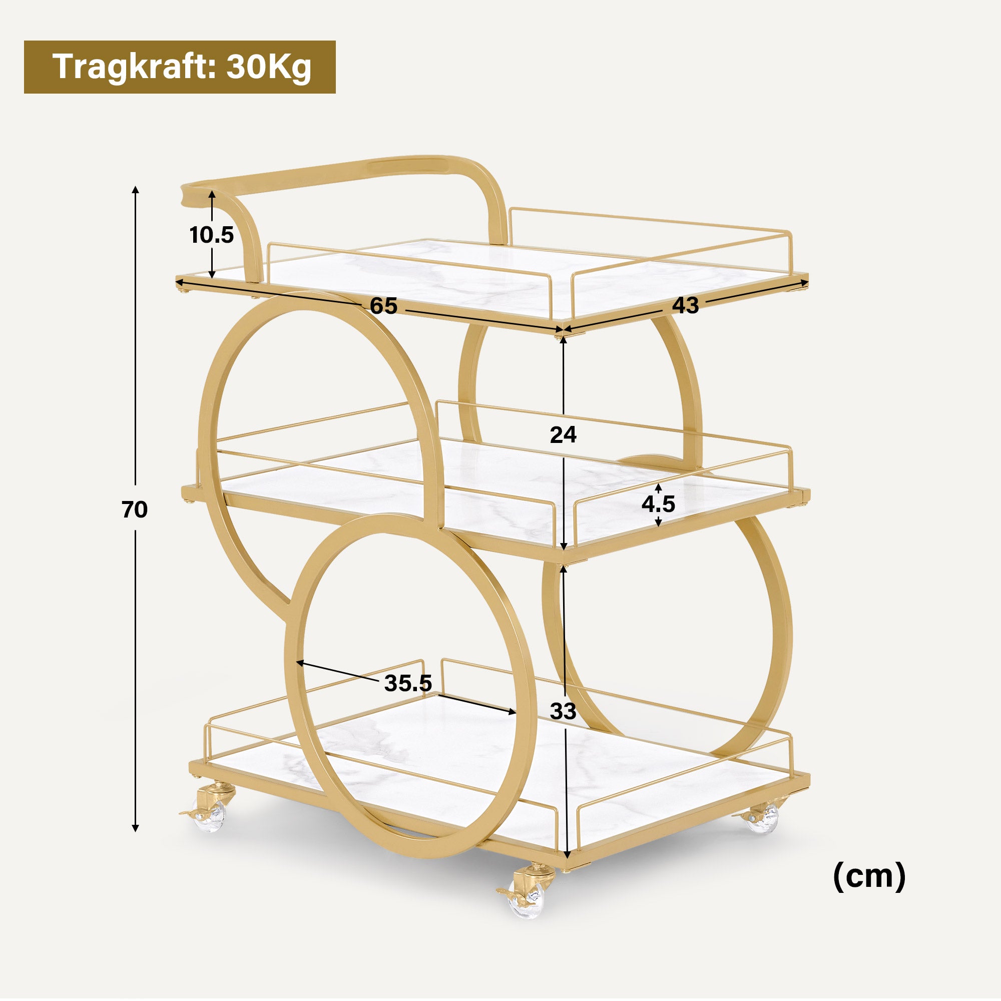 MCombo Carrello di servizio con ruote, carrello da cucina, carrello bar, struttura in metallo, bianco e oro, carrello moderno su ruote, carrello multiuso con 3 ripiani, per cucina, bagno, soggiorno, monolocale, 65x43x70, 0074